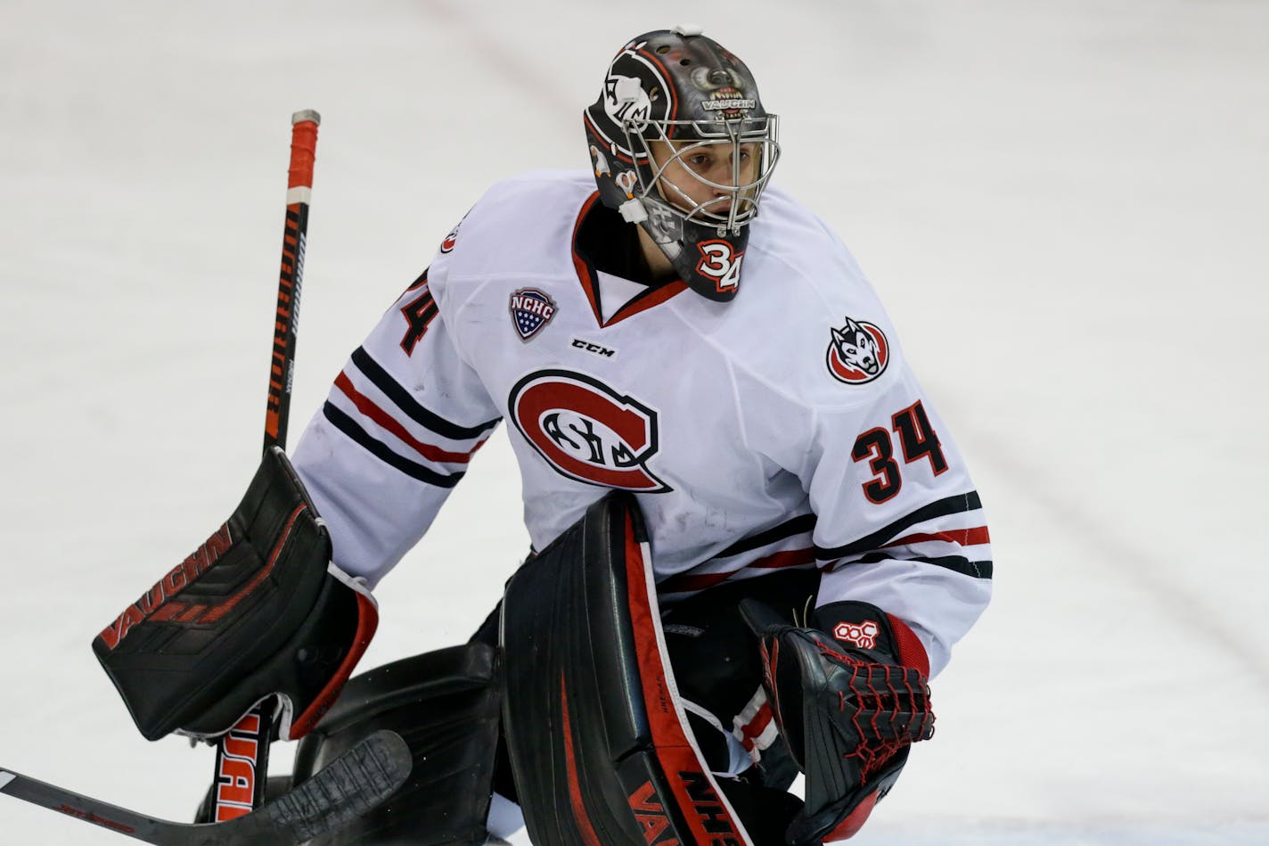 St. Cloud State's David Hrenak against Colorado College during an NCAA hockey game on Friday, Feb. 8, 2019 in St. Cloud, Minn. (AP Photo/Andy Clayton-King)