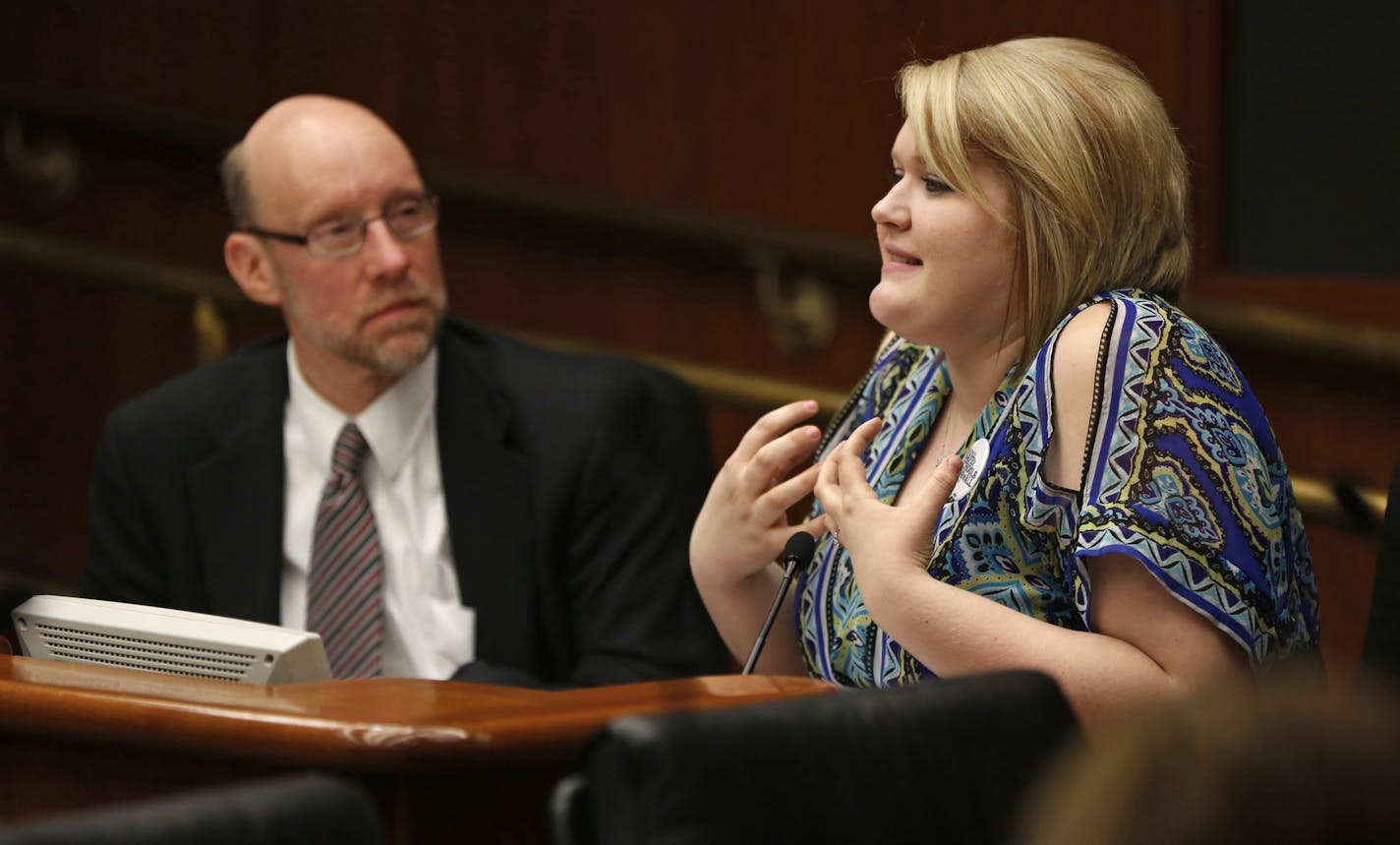 At the Education Policy Committee on in House of Representatives building at the Minnesota State Capitol, Kyrstin Schuette who was bullied in high school for having a lesbian relationship gave painful testimony of bullying next to Rep. Jim Davnie who is the author of an anti-bullying bill. ]rtsong-taatarii@startribune.com