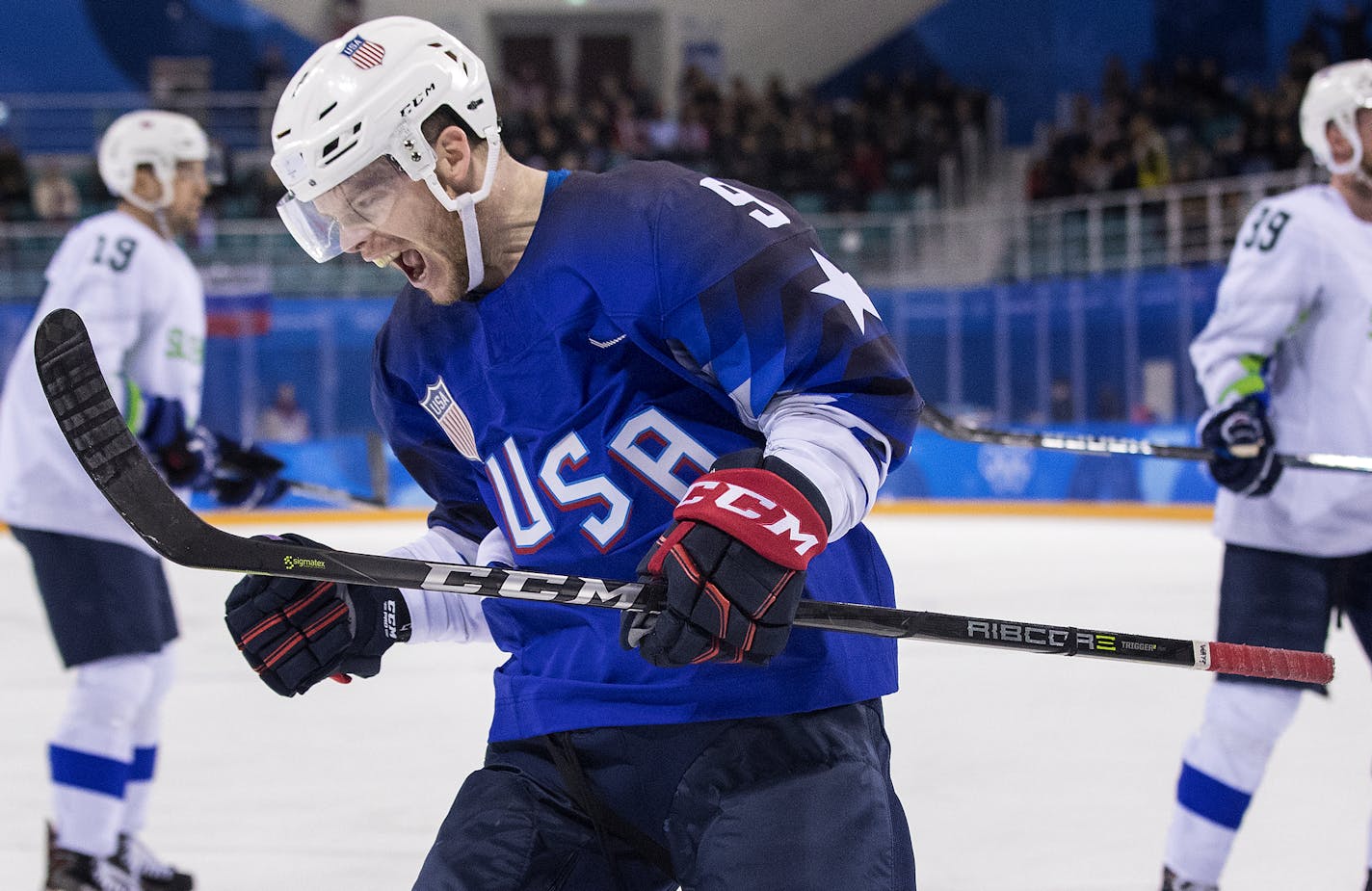 Brian O'Neill celebrated after scoring a goal in the first period. ] CARLOS GONZALEZ &#xef; cgonzalez@startribune.com - February 14, 2018, South Korea, 2018 Pyeongchang Winter Olympics, Men's Hockey, Kwangdong Hockey Center, USA vs. Slovenia