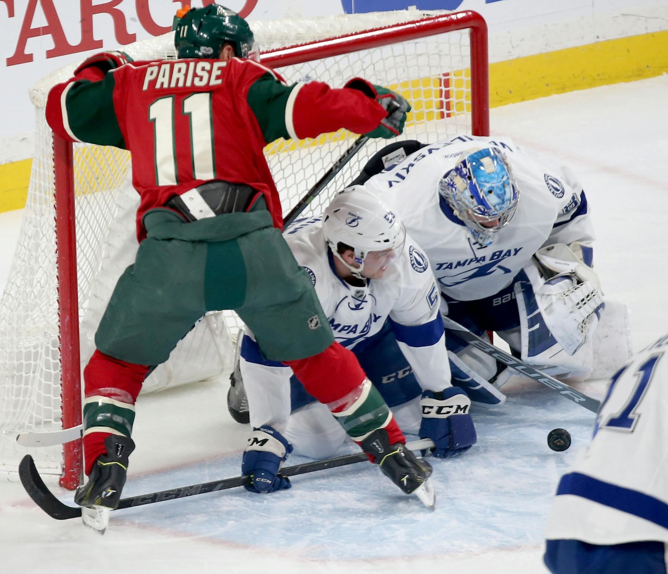 The Minnesota Wild's Zach Parise (11) can't get a rebound shot past Tampa Bay goalie Andrei Vasilevskiy (88) in the first period Friday, Feb. 10, 2017, at the Xcel Energy Center in St. Paul, MN.