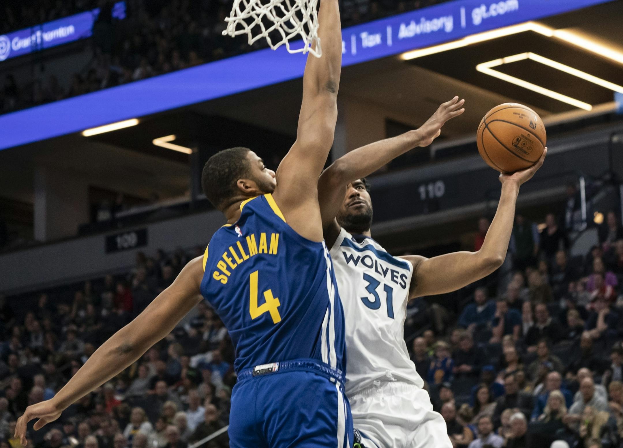 Minnesota Timberwolves forward Keita Bates-Diop (31) attempted a shot against Golden State Warriors forward Omari Spellman (4) in the second half.