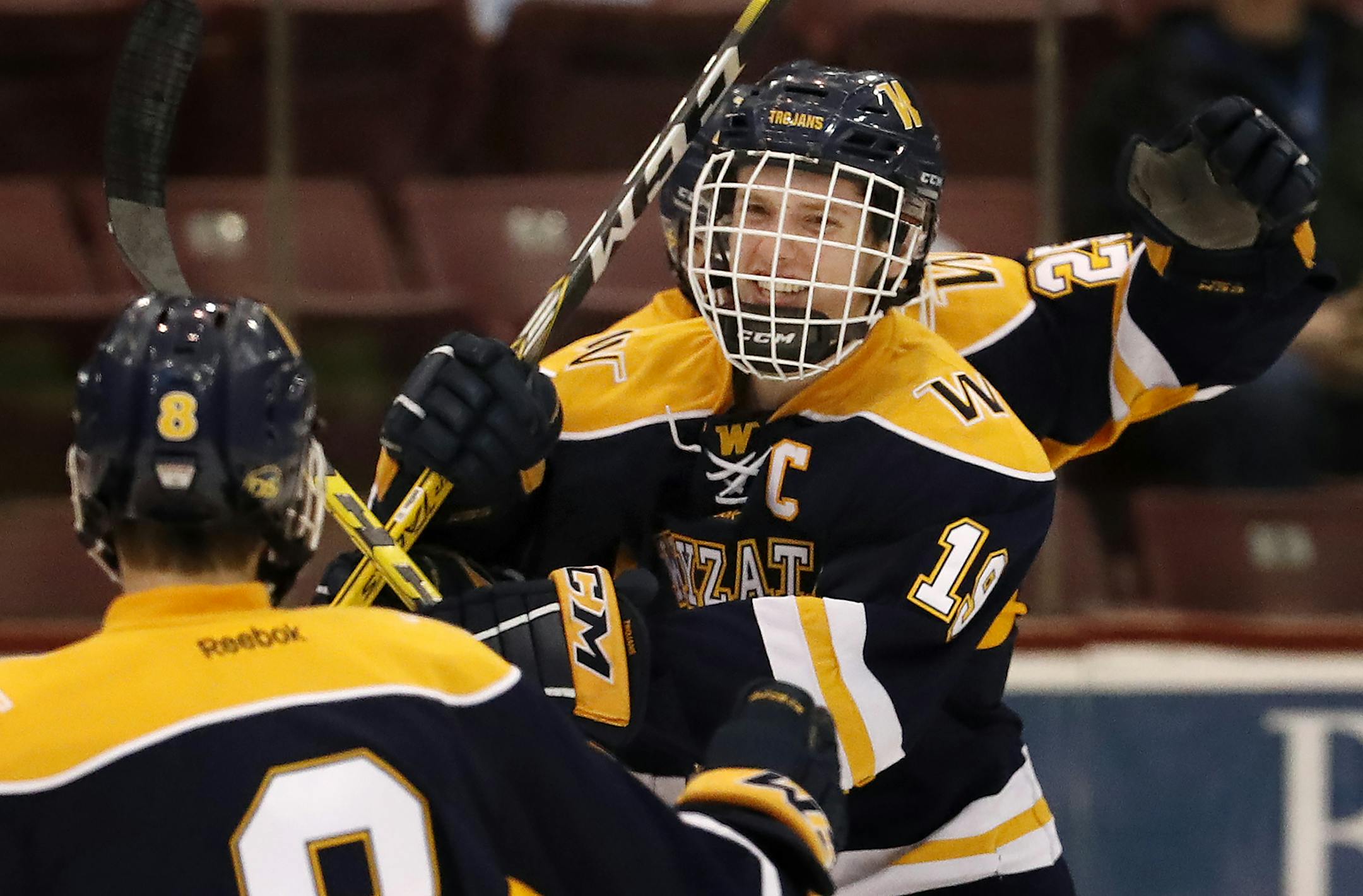 Tyler Stevens (19) of Wayzata celebrated with teammates after scoring a goal in the third period. ] CARLOS GONZALEZ &#xef; cgonzalez@startribune.com - March 1, 2017, Minneapolis, MN, Mariucci Arena, High School / Prep Boys Hockey Section 6AA Finals; Edina vs. Wayzata