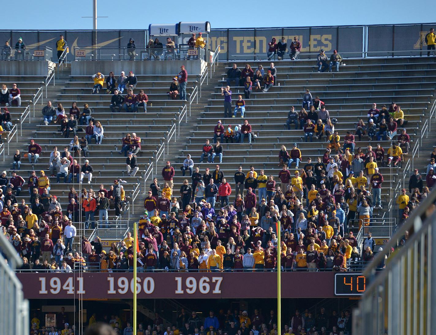 University of Minnesota students arrive late and leave the football game against Northwestern University before the fourth quarter Saturday, October 11, leaving the upper tier of the student section half full.