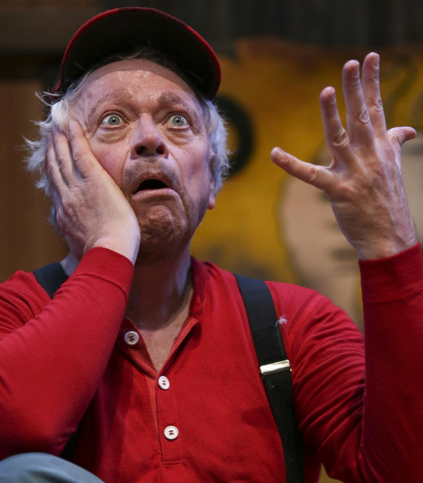 Gale LaJoye realizes it's laundry day in a scene from his solo show "Snowflake" at the Children's Theatre Company Sunday afternoon. ] JEFF WHEELER &#x201a;&#xc4;&#xa2; jeff.wheeler@startribune.com Gale LaJoye, a virtuoso of wordless theater, premiered "Snowflake" 25 years ago at the Southern Theater before taking it all over the world. He's returned to the Children's Theater Company in Minneapolis to put his solo show about the brilliance, wit and poignancy of a drifter named Snowflake, to bed.