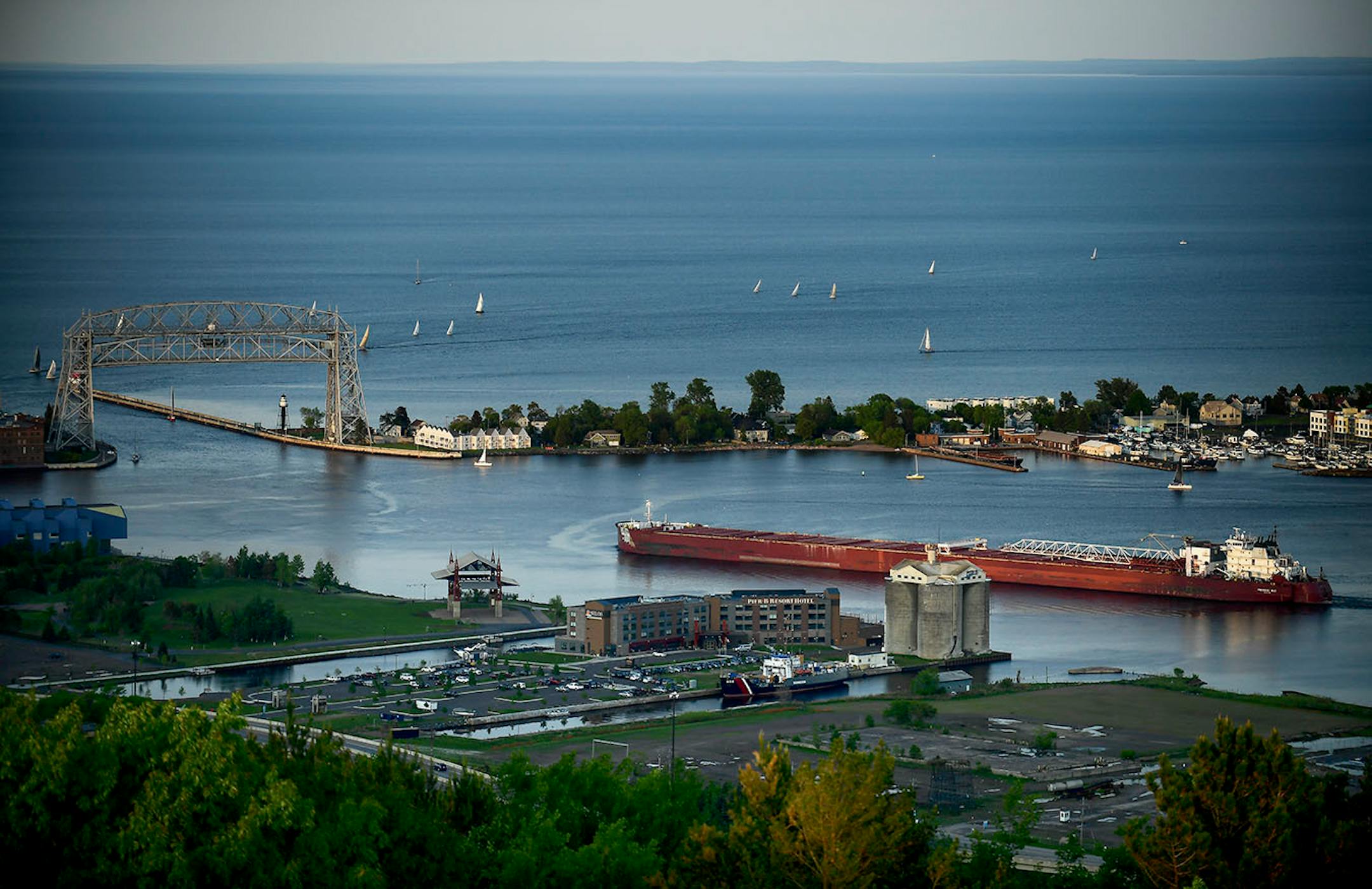 A shipping vessel navigated through Duluth's Harbor before heading out into Lake Superior Wednesday night.