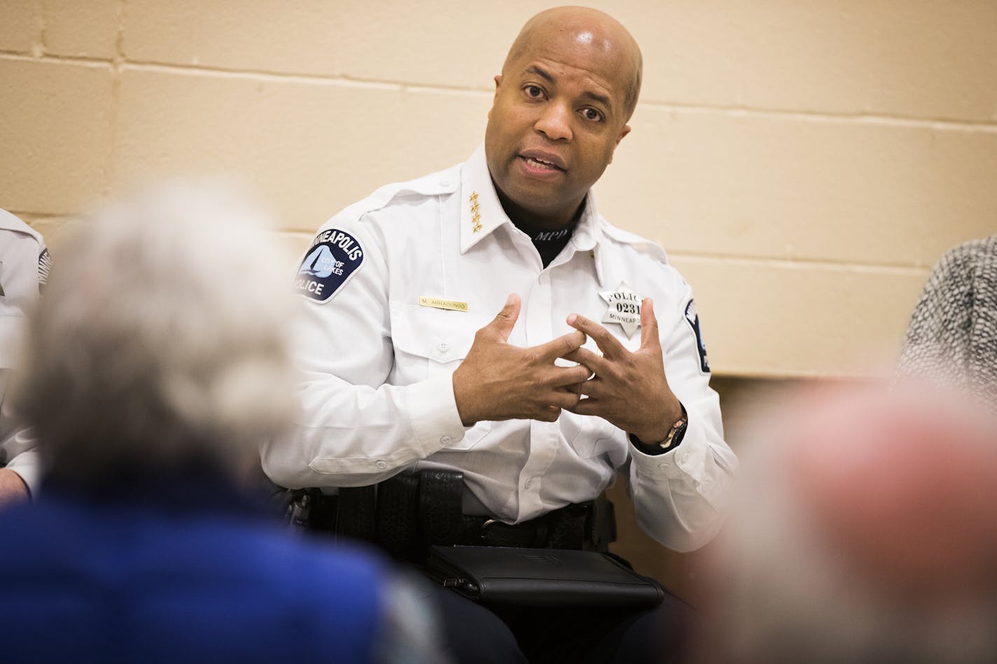 Chief Medaria Arradondo speaks during a community event. ] LEILA NAVIDI &#x2022; leila.navidi@startribune.com BACKGROUND INFORMATION: Minneapolis Police Chief Medaria Arradondo attends a community discussion and Q&A session with Minneapolis Police 5th Precinct inspector Kathy Waite presented by Minneapolis City Council member Linea Palmisano at Pershing Park in Minneapolis on Monday, February 26, 2018.