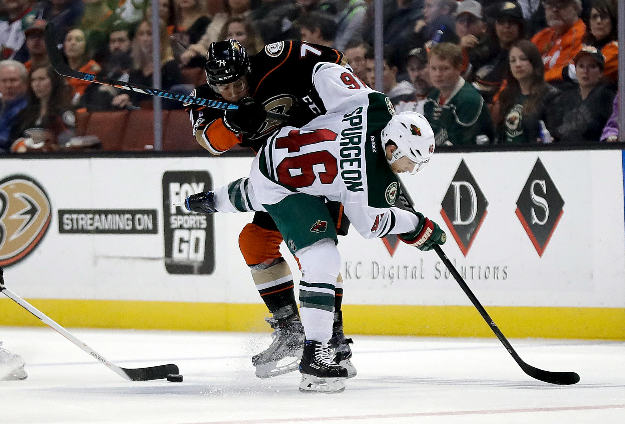 Wild defenseman Jared Spurgeon (46) collided with Ducks defenseman Brandon Montour during the second period Sunday. Spurgeon later scored the game-winning goal in a 2-1 Minnesota victory.