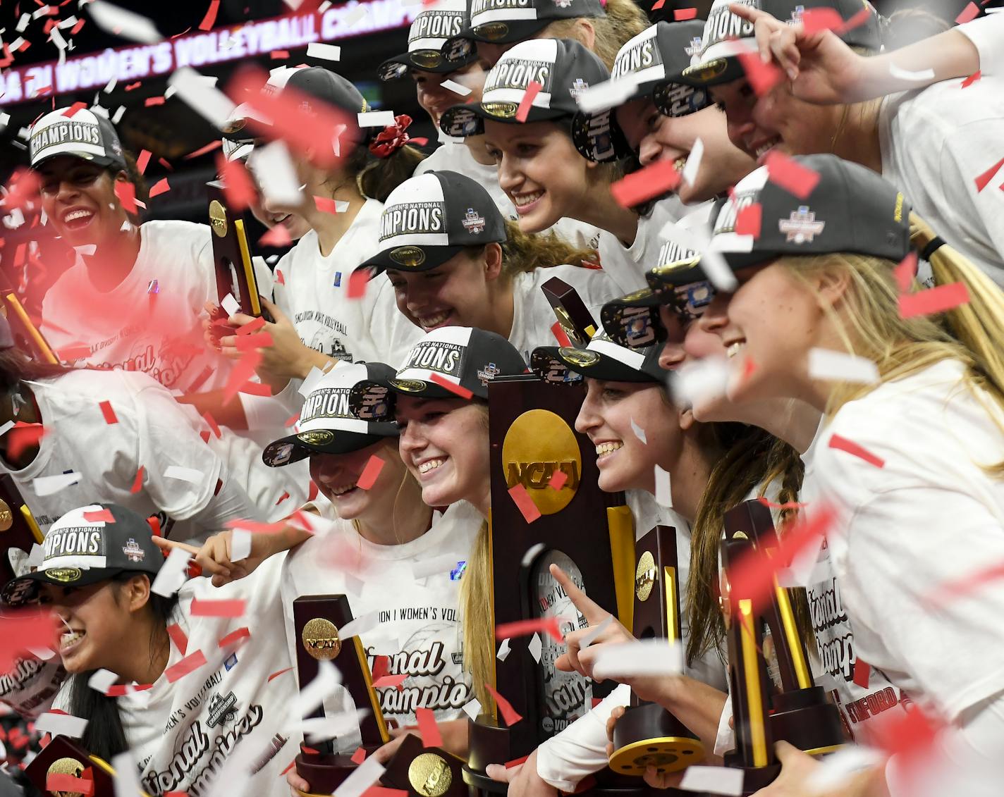 Stanford celebrated after defeating Nebraska 3-2 in the NCAA DI volleyball championship match Saturday night. ] Aaron Lavinsky &#x2022; aaron.lavinsky@startribune.com Stanford played Nebraska in the NCAA DI Championship Volleyball match on Saturday, Dec. 15, 2018 at Target Center in Minneapolis, Minn.