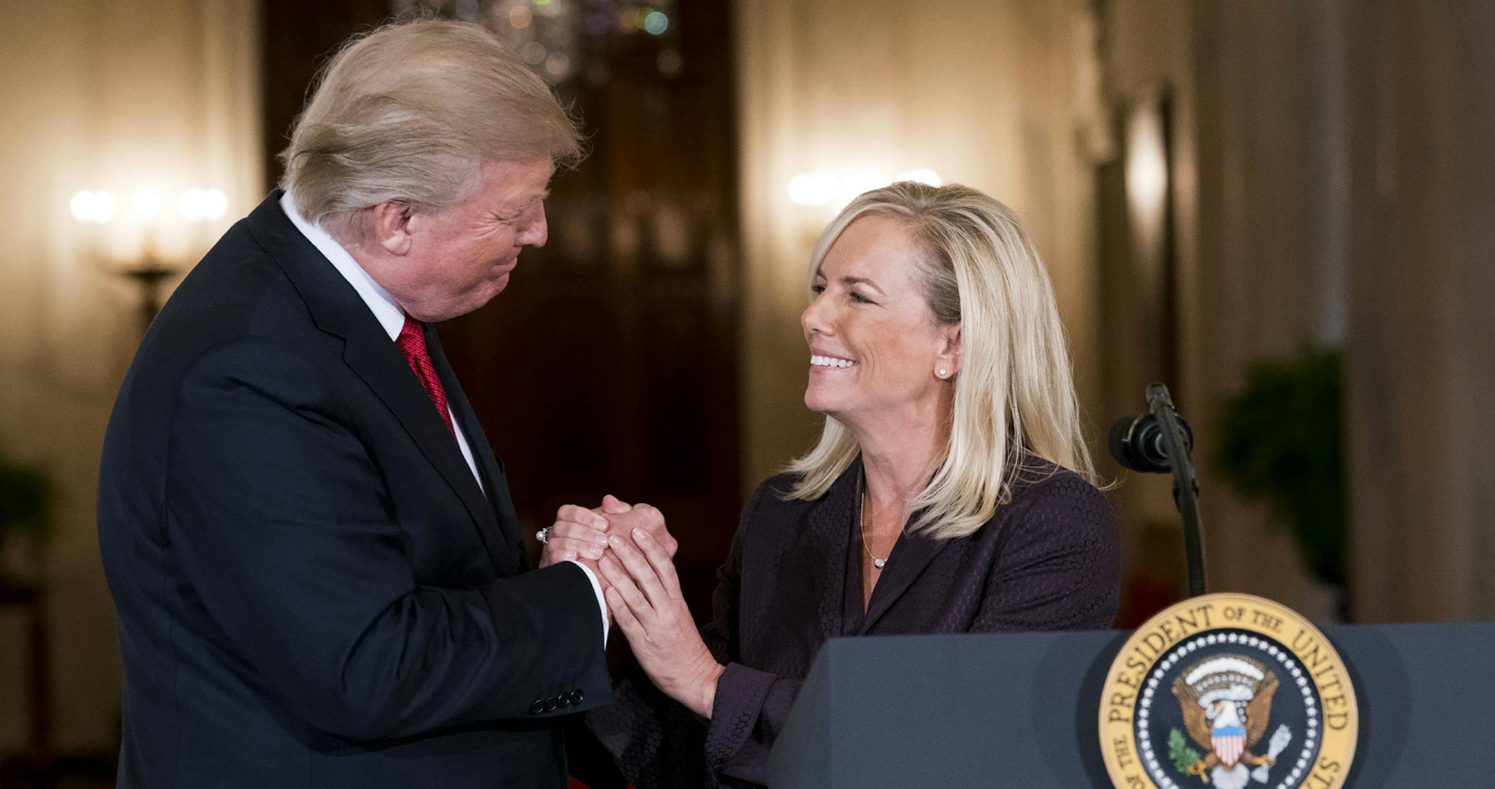 FILE -- President Donald Trump introduces Kirstjen Nielsen as his pick for Secretary of Homeland Security at the White House in Washington, on Oct. 12, 2017. Nielsen left her position as homeland security secretary on Sunday, April 7, 2019, ending a tumultuous tenure in charge of the border security agency that had at times made her the target of Trump’s criticism. (Doug Mills/The New York Times)