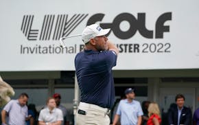 Lee Westwood hits off the 16th tee during the final round of the Bedminster Invitational LIV Golf tournament in Bedminster, N.J., Sunday, July 31, 202