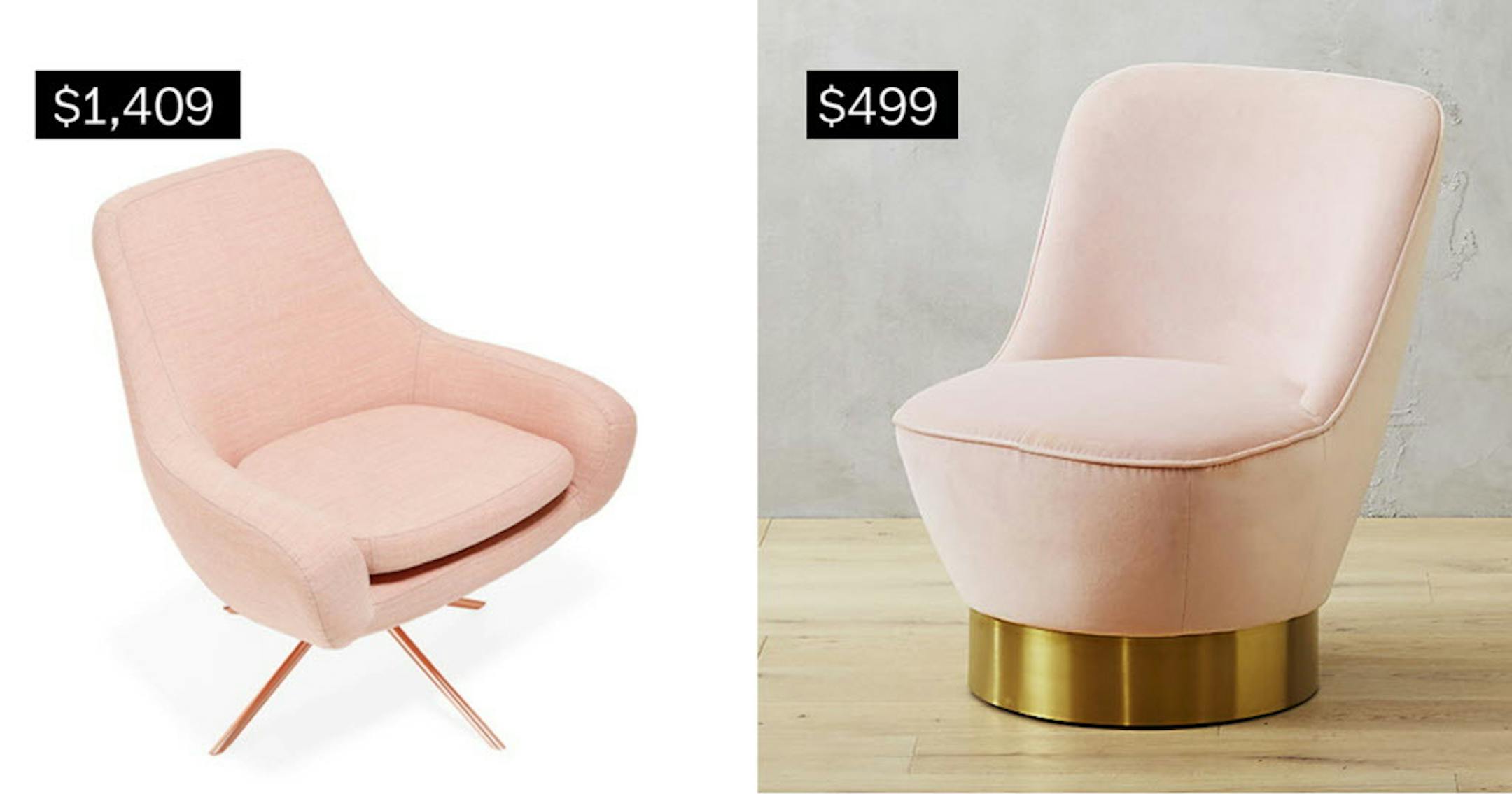 Softline swivel curved chair in apricot (abchome.com), left; Simone blush chair (cb2.com). (MUST CREDIT: ABC Carpet & Home; CB2)