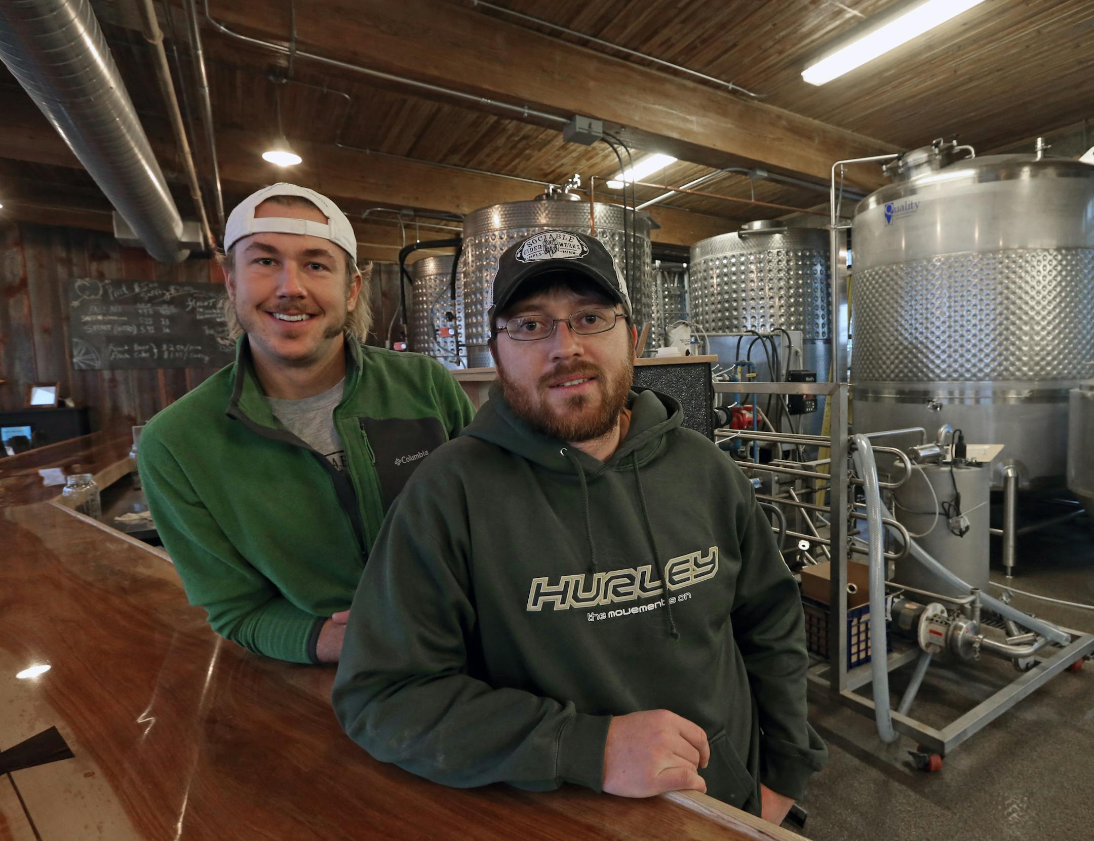 (left to right) Jim Watkins and Wade Thompson, owners of the new Sociable Cider Werks taproom in northeast Mpls. Photographed on 12/03/13.] Bruce Bisping/Star Tribune bbisping@startribune.com Jim Watkins, Wade Thompson/source.