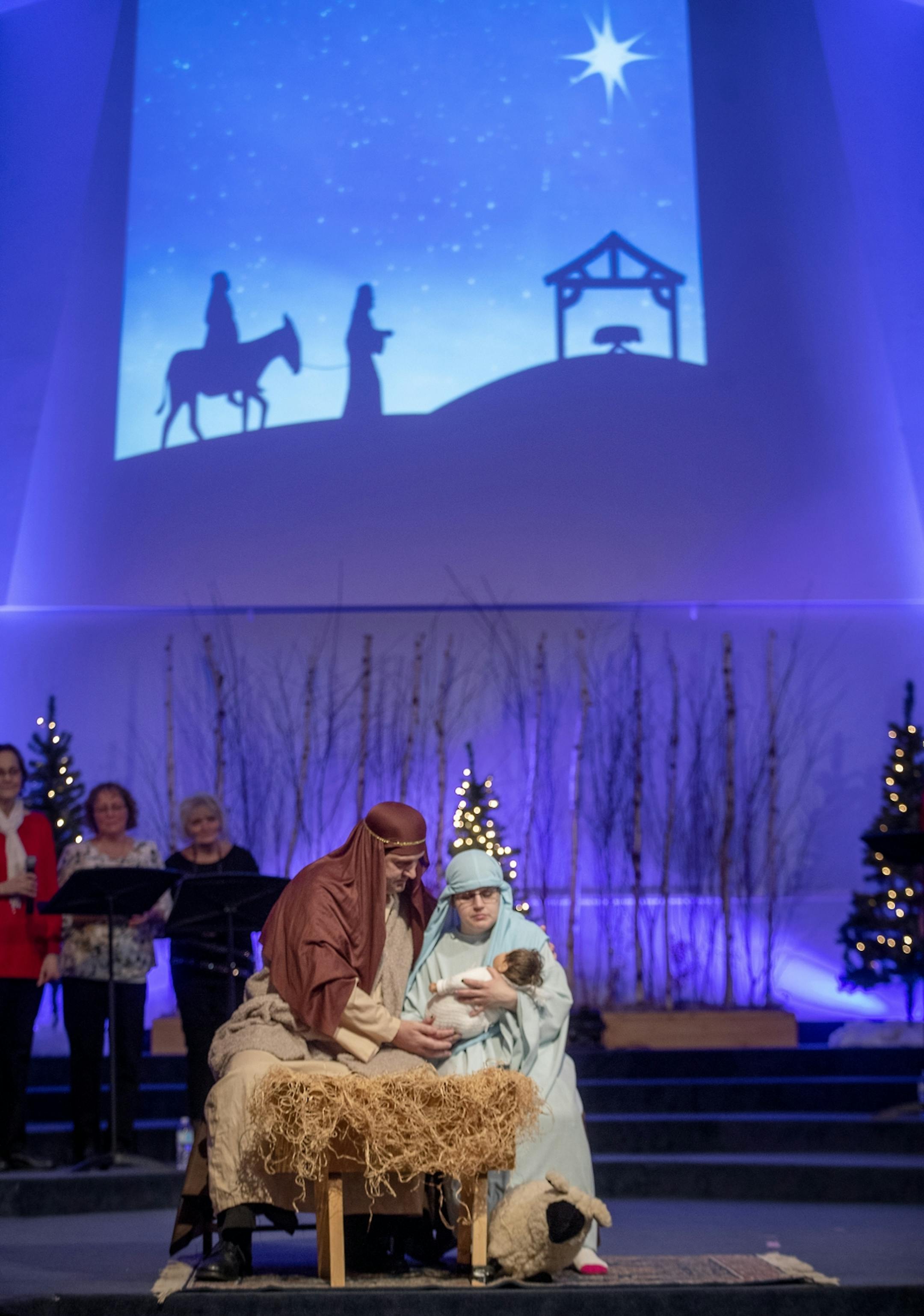 Fred Alexander, left, performing the role as Joseph, and Amy Nelson, who has waited for years to play "Mary's role," performed during the nativity pageant at Meadow Creek Church, Thursday, November 29, 2018 in Andover, MN.