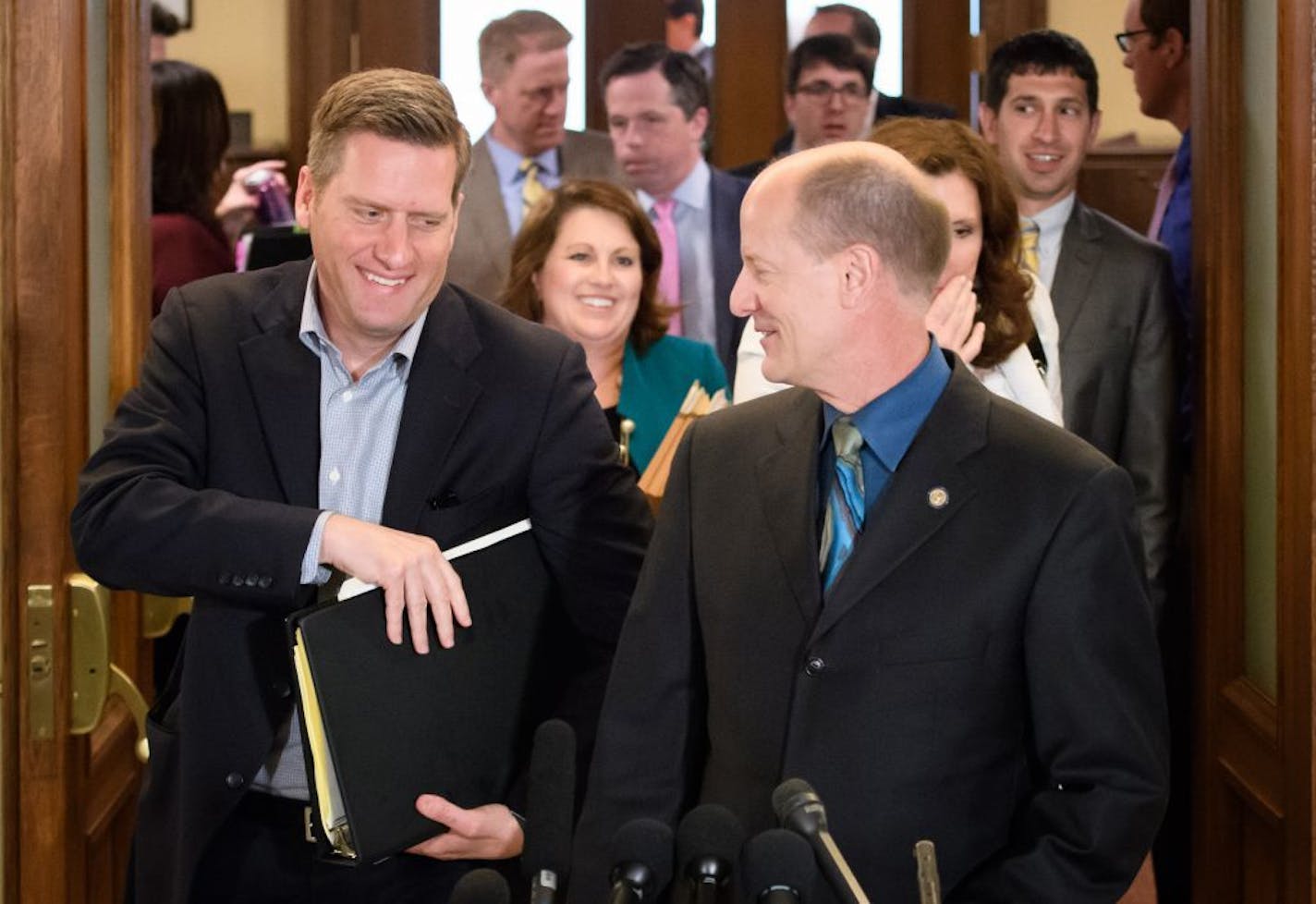 House Speaker Kurt Daudt and Senate Majority Leader Paul Gazelka and other Republican leaders came out of a budget meeting with Democrats Wednesday afternoon.