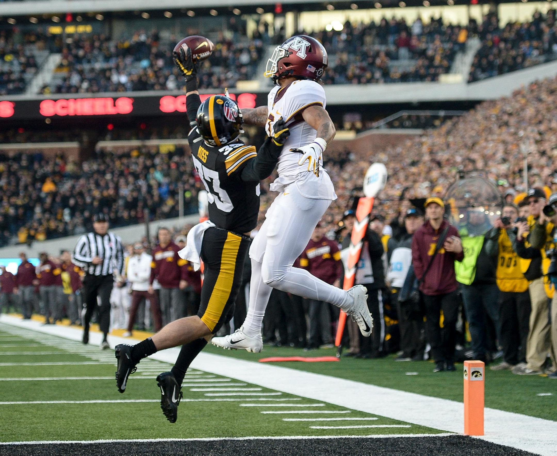 Iowa defensive back Riley Moss (33) celebrates after he breaks up a pass in the end zone intended for Minnesota wide receiver Chris Autman-Bell (7) in the second quarter at Kinnick Stadium in Iowa City, Iowa, on Saturday, Nov. 16, 2019. The host Hawkeyes won, 23-19. (Aaron Lavinsky/Minneapolis Star Tribune/TNS) ORG XMIT: 1492017
