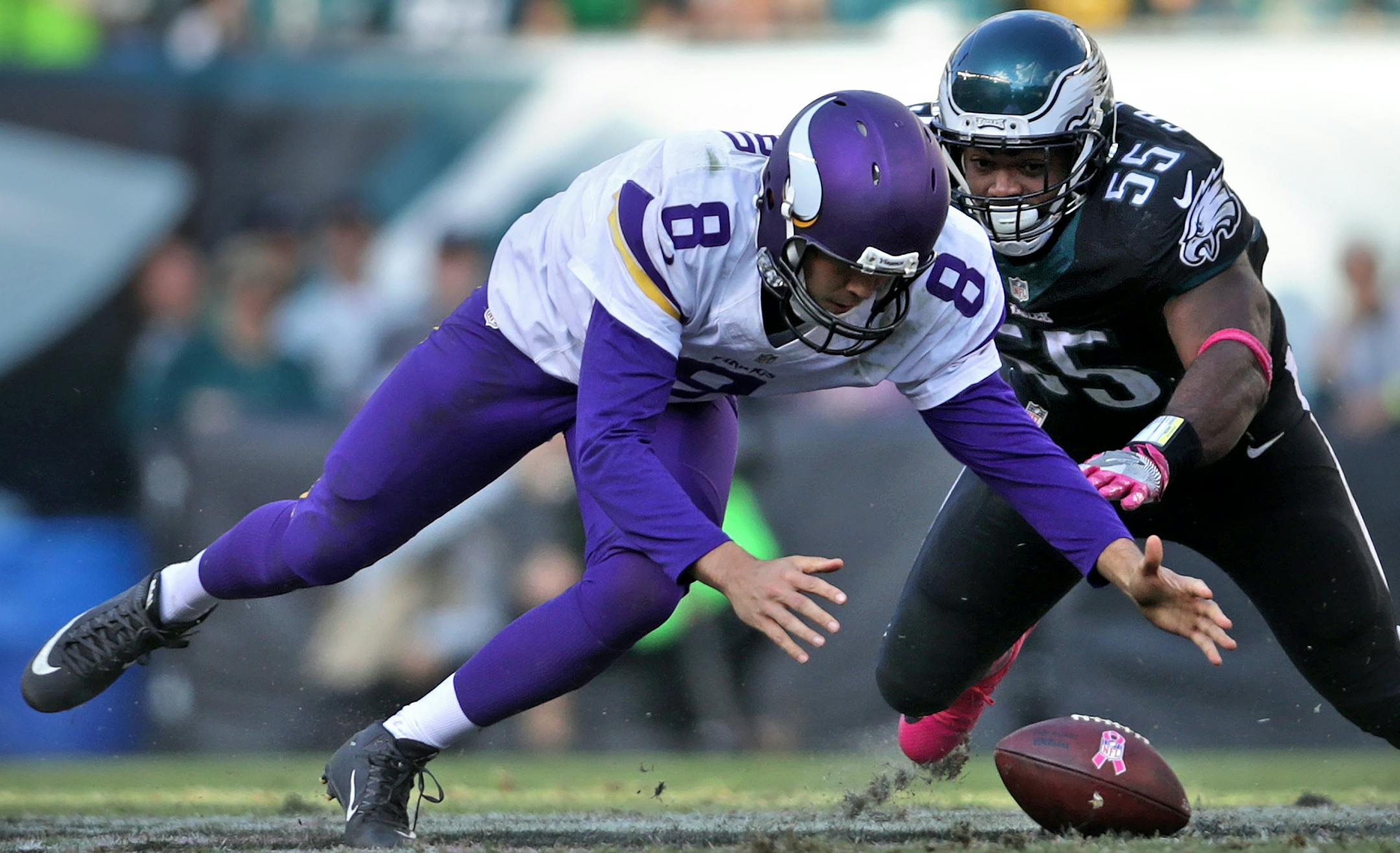 Vikings QB Sam Bradford, who lost and recovered the ball in the fourth quarter after a hit by the Eagles' Brandon Graham, had a rough day Sunday