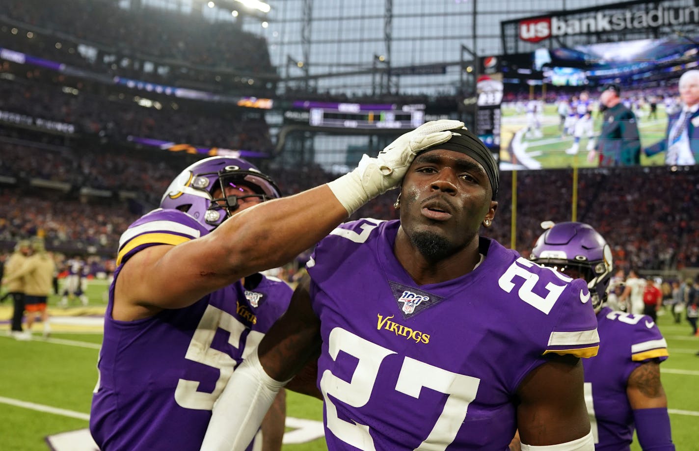 Minnesota Vikings safety Jayron Kearse (27) was mobbed by his teammates on the field including linebacker Eric Wilson (50), left, and cornerback Mike Hughes (21) after he made the final stop of the game to give the Minnesota Vikings the win over the Denver Broncos. ] ANTHONY SOUFFLE &#x2022; anthony.souffle@startribune.com The Minnesota Vikings played the Denver Broncos in an NFL game Sunday, Nov. 17, 2019 at U.S. Bank Stadium in Minneapolis.