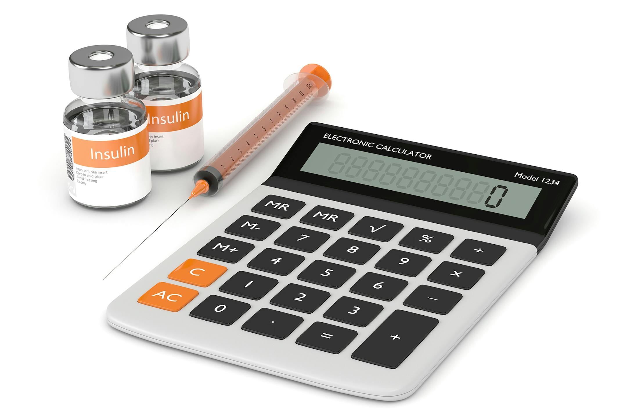 iStockphoto.com
Render of calculator, syringe, and insulin vials isolated over white background