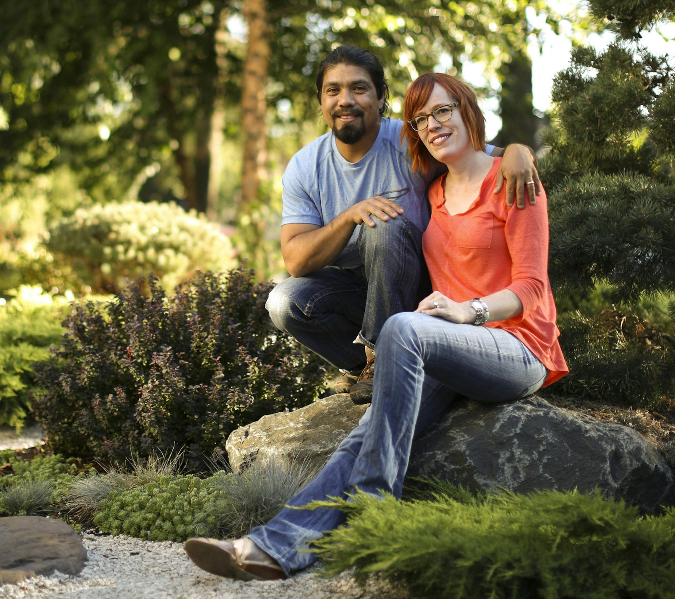 Marlon Reynosa and Maureen Reynosa-Braak in their Japanese garden encompassing their front yard in south Minneapolis.