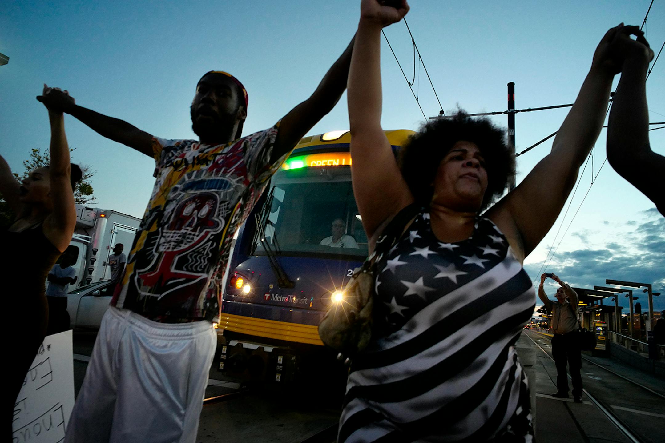 Protested blocked the Green Line near the Hamline station.