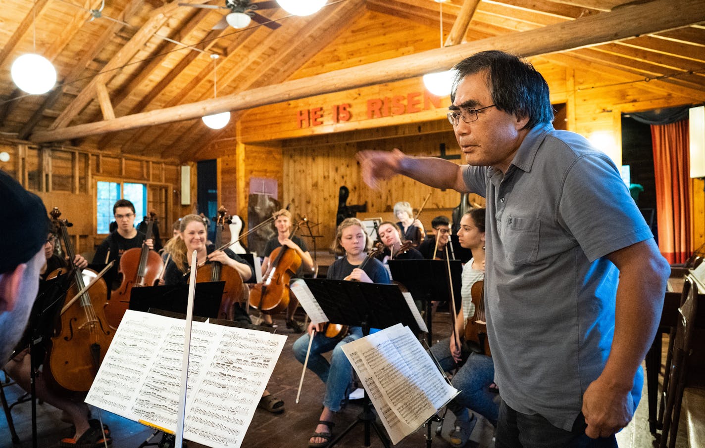 Artistic Director Young-Nam Kim conducts the evening group rehearsal. The students and instructors meet each morning and evening to play together. ] MARK VANCLEAVE &#xa5; mark.vancleave@startribune.com * The Northern Lights Chamber Music Institute brings young musicians from across the world to the shores of Lake Vermillion to refresh their craft with &#x201c;nature&#x2019;s oxygen.&#x201d; Photographed Tuesday, Aug. 21, 2018.