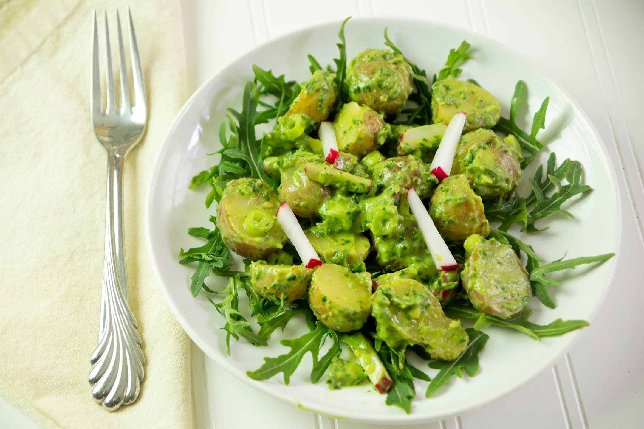 New Potato Salad With Creamy Arugula and Avocado Dressing. Photo by Robin Asbell * Special to the Star Tribune