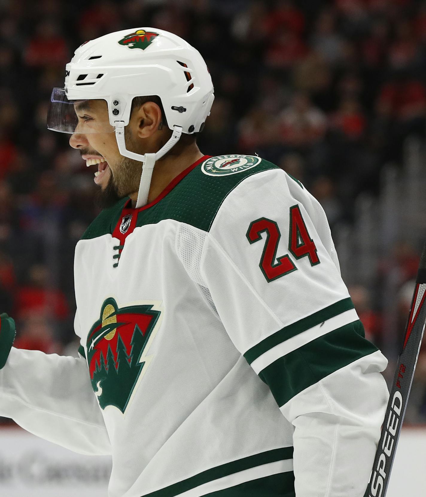 Minnesota Wild defenseman Matt Dumba (24) celebrates his goal against the Detroit Red Wings in the first period of an NHL hockey game Thursday, Feb. 27, 2020, in Detroit. (AP Photo/Paul Sancya) ORG XMIT: MIPS107