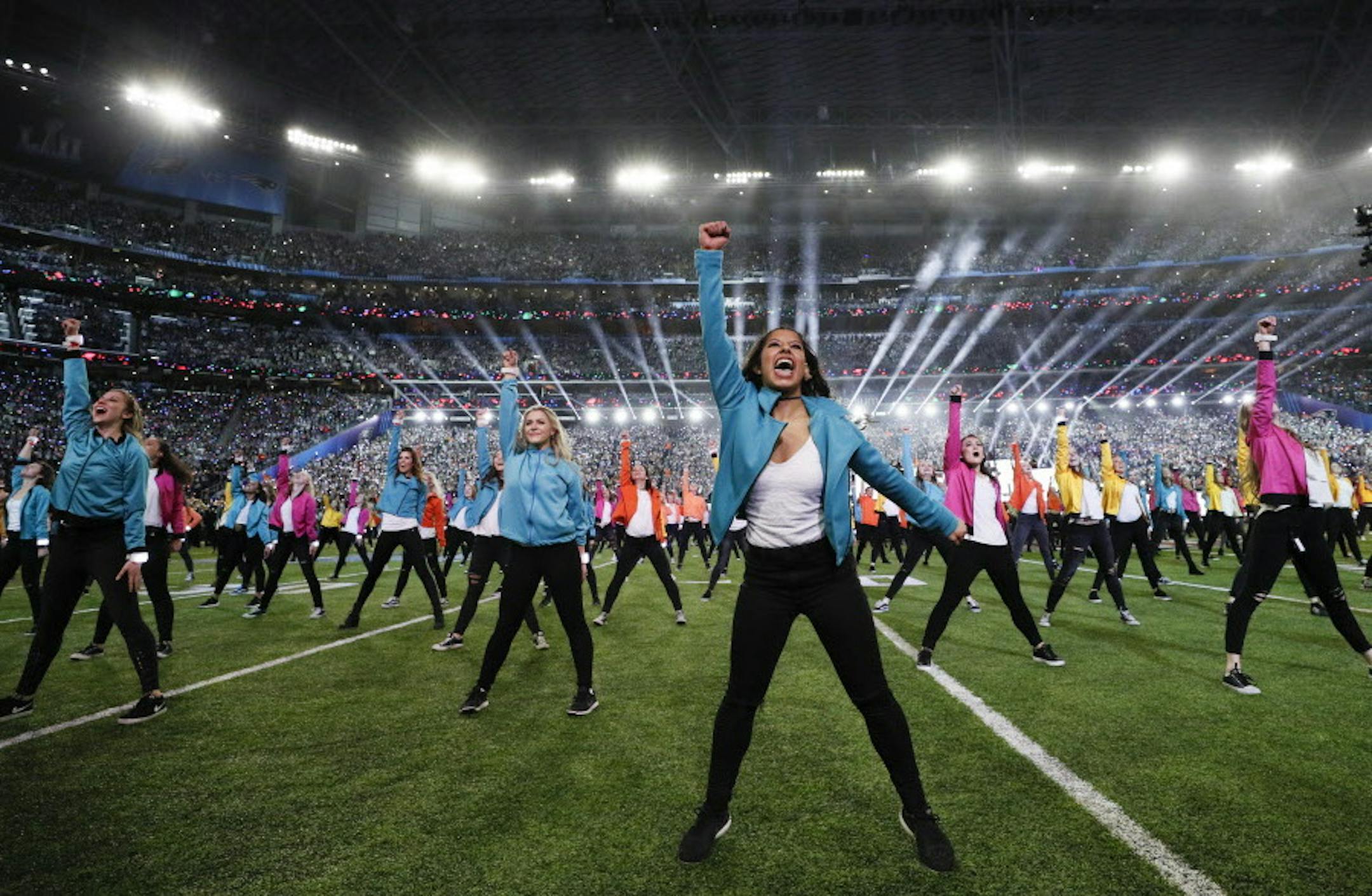 Dancers performed Sunday during the halftime show headlined by Justin Timberlake during Super Bowl LII at U.S> Bank Stadium in Minneapolis. ] Carlos Gonzalez Ô Carlos. Gonzalez@startribune.com The New England Patriots met the Philadelphia Eagles in Super Bowl LII Sunday evening, February 4, 2017 at U.S. Bank Stadium in Minneapolis. ORG XMIT: MIN1802042008132318