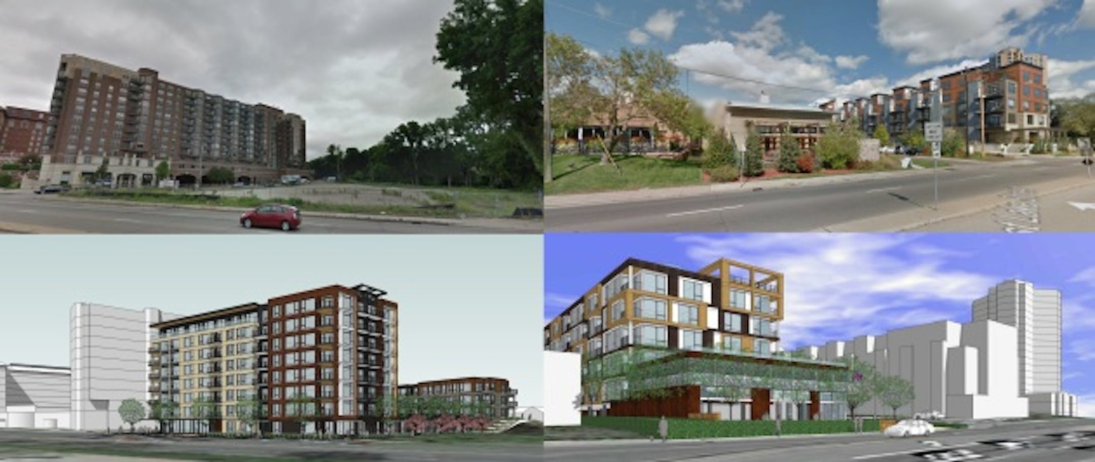 The images at left show the site and 8-story building planned by Greystar next to the Calhoun Beach Club, the images at right show Trammel Crow's six-story building at the Tryg's Restaurant site.
