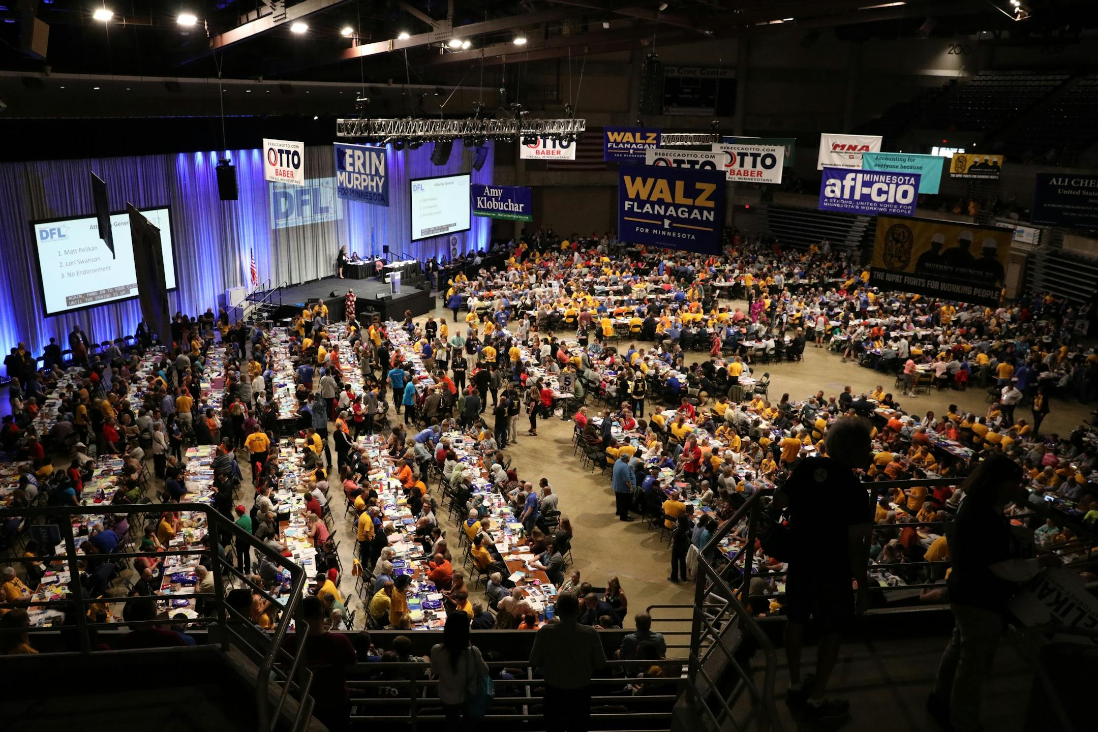 Delegates filled the floor as they voted for who to endorse for attorney general Saturday morning.