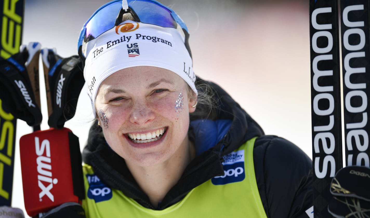 Jessica Diggins of the USA smiles after the women's 10km free style race at the Davos Nordic FIS Cross Country World Cup in Davos, Switzerland, Sunday, Dec. 15, 2019. (Gian Ehrenzeller/Keystone via AP)