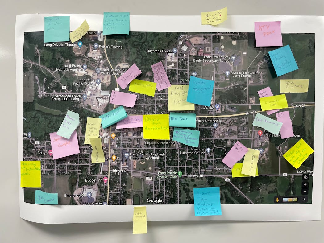 Attendees at the kickoff meeting of Long Prairie's comprehensive economic planning process placed sticky notes of ideas and projects over prospective locations on a map of the central Minnesota community.