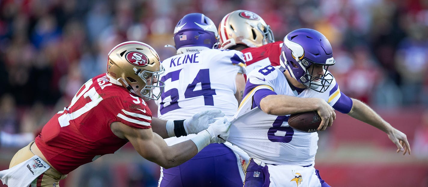 49ers defensive end Nick Bosa sacked Vikings quarterback Kirk Cousins in the fourth quarter of an NFC divisional round playoff game Saturday. The Vikings might need as many as three new starters on the offensive line to better protect Cousins.