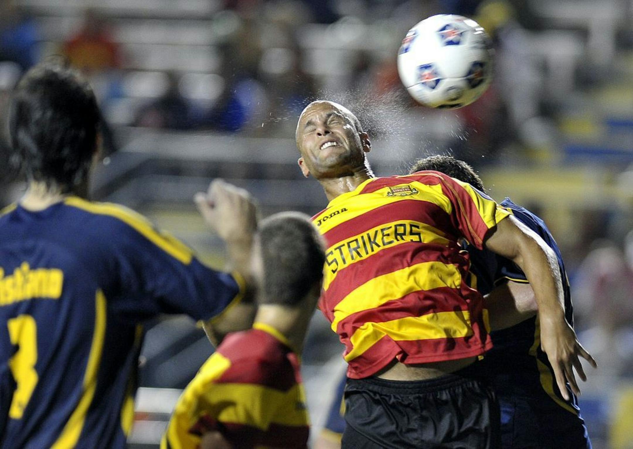 Fort Lauderdale Strikers Abe Thompson tries to head the ball into the Minnesota Stars' goal during the second half in the NASL Championship Series Finals on Saturday, October 29, 2011, at Lockhart Stadium, in Fort Lauderdale, Florida.