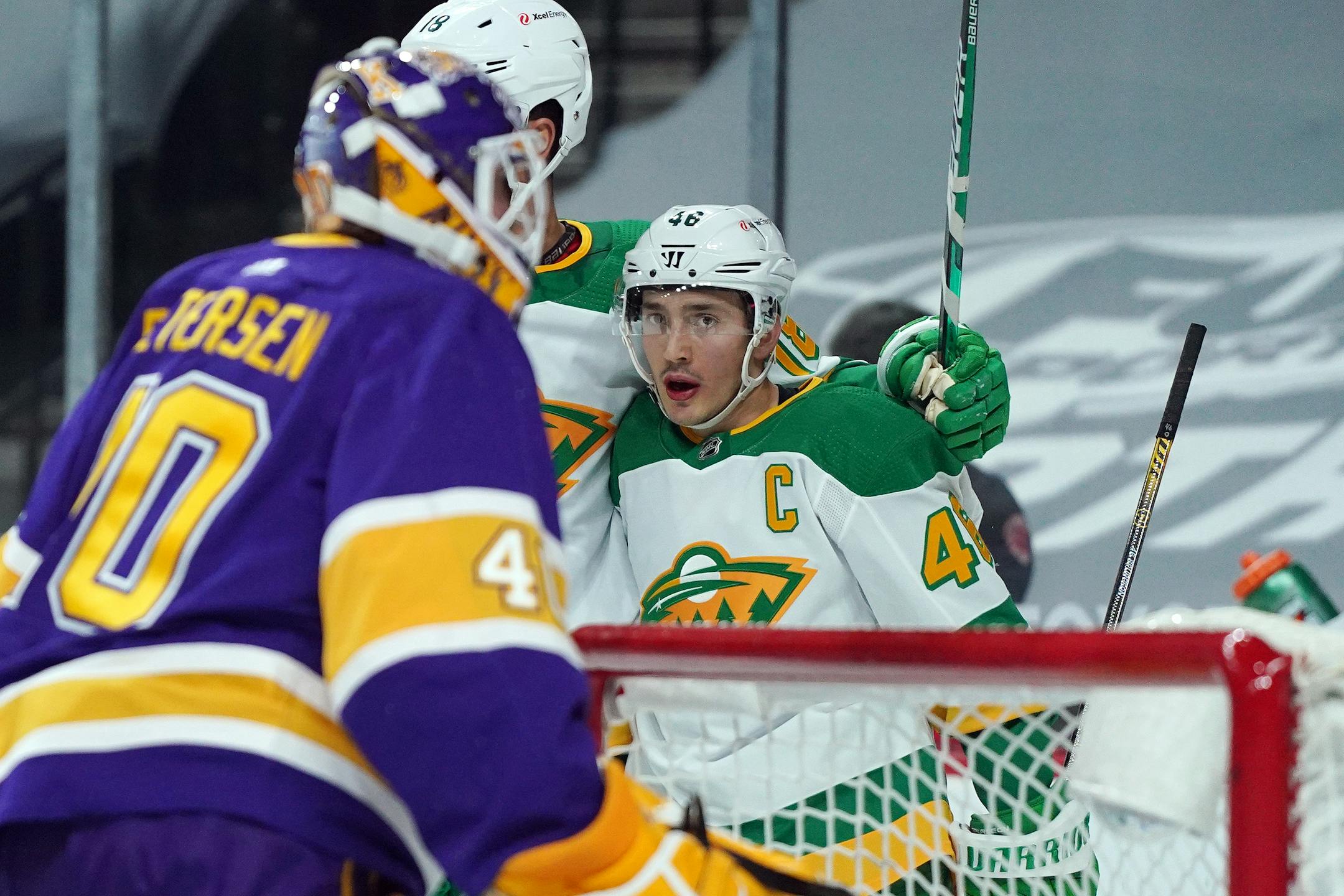 Minnesota Wild defenseman Jared Spurgeon (46) eyed Los Angeles Kings goaltender Calvin Petersen (40) after he scored on him only to have the goal recalled for goaltender interference in the second period. ] ANTHONY SOUFFLE • anthony.souffle@startribune.com