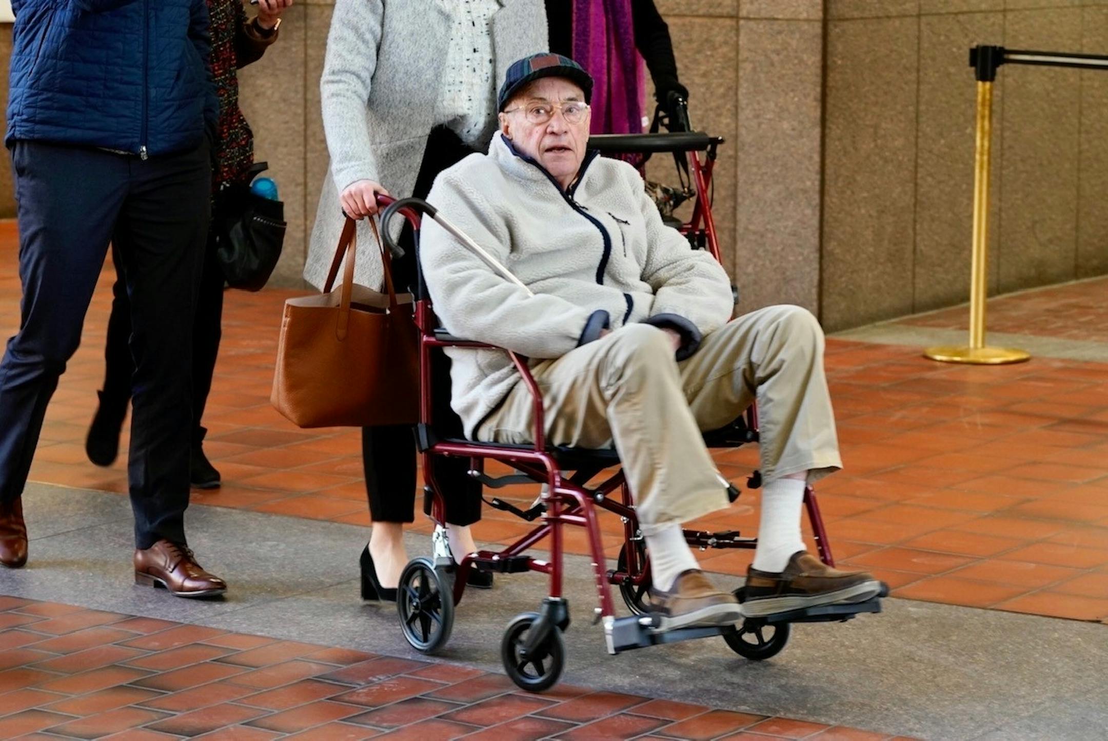 Defendant George Jensen, the man who crashed his vehicle into a north Minneapolis bus shelter, severely injuring several occupants, entered court before pleading guilty in the case before judge Jay Quam in Hennepin County District Court in Minneapolis on Wednesday, February 5, 2020.