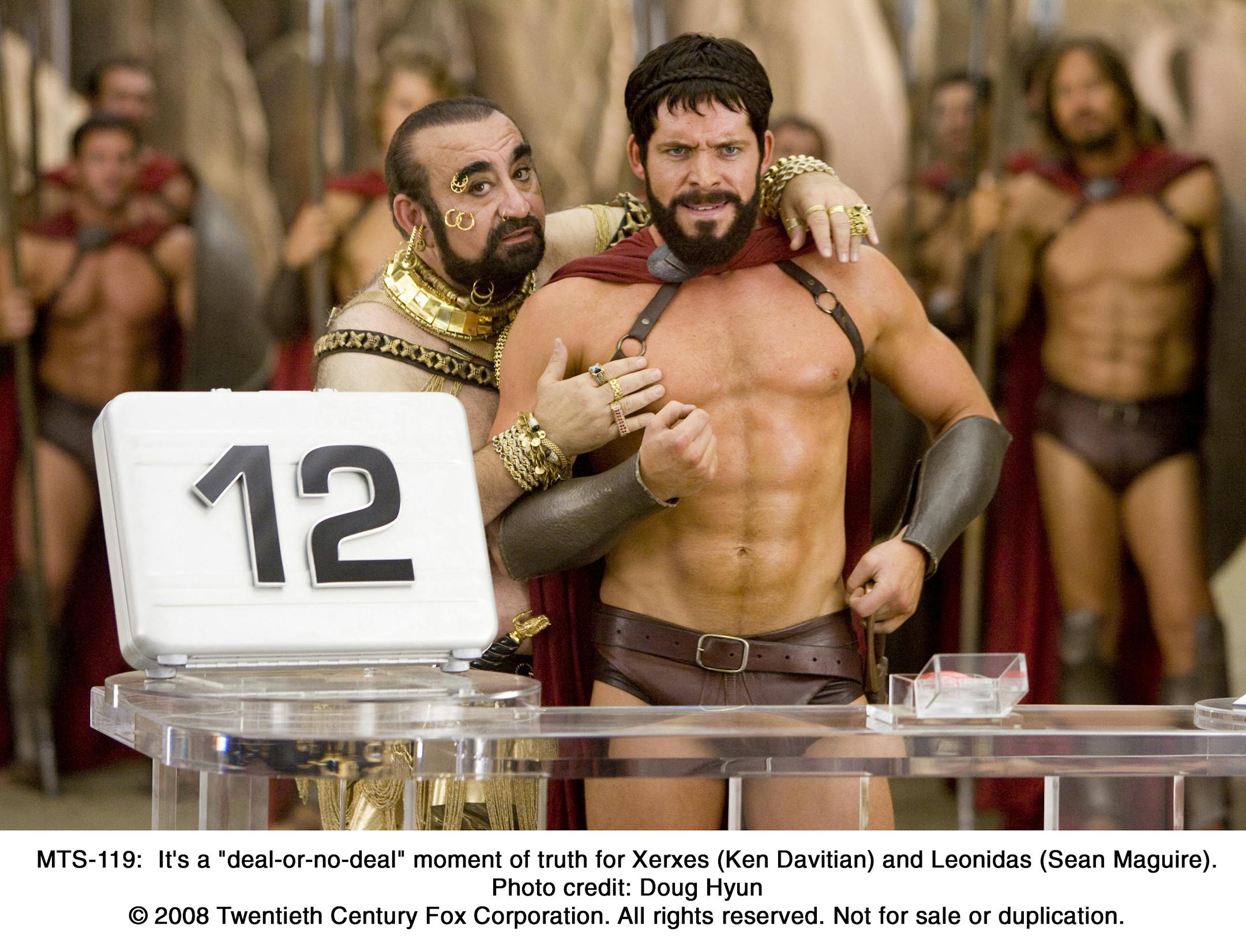 It's a "deal-or-no-deal" moment of truth for Xerxes (Ken Davitian) and Leonidas (Sean Maguire).credit: Doug Hyun, 20th Century Fox