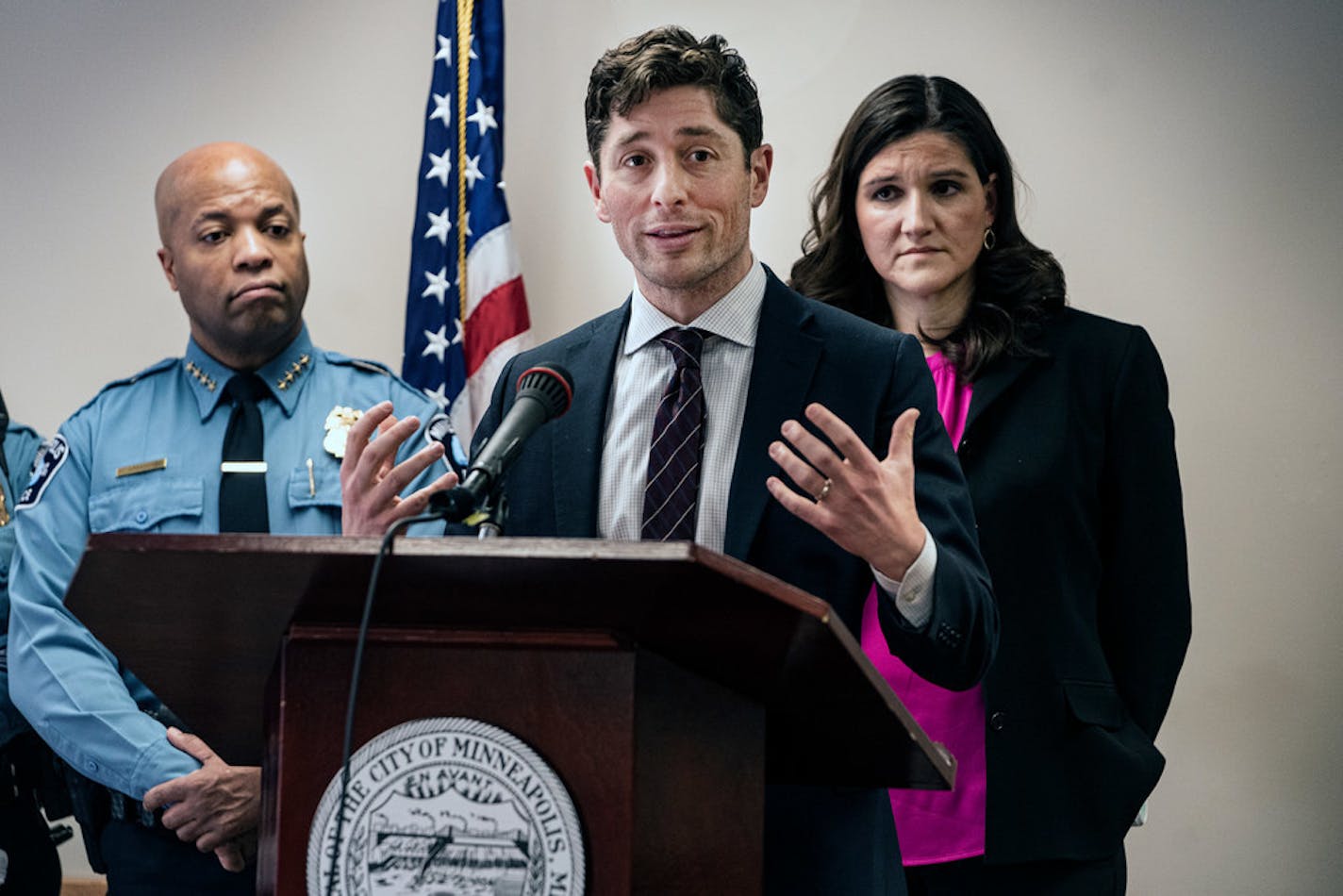 Minneapolis Mayor Jacob Frey addressed overhauling the department's off-duty employment program with Police Chief Medaria Arradondo and Council Member Linea Palmisano.