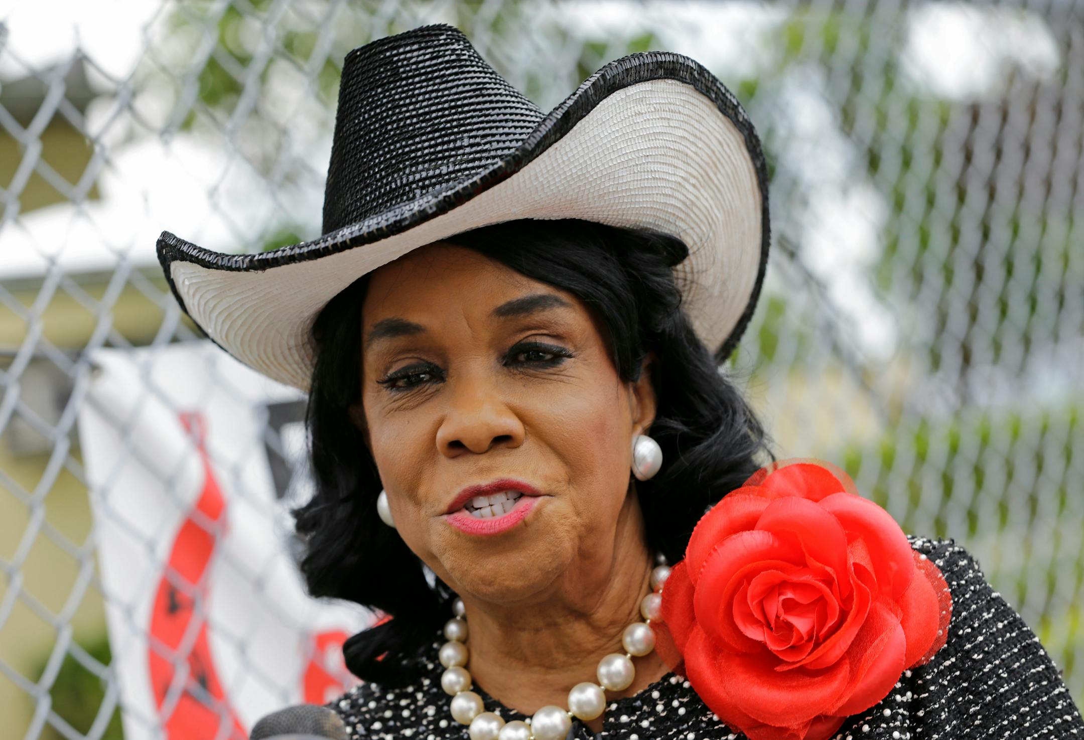 Rep. Frederica Wilson, D-Fla., talks to reporters, Wednesday, Oct. 18, 2017, in Miami Gardens, Fla. Wilson is standing by her statement that President Donald Trump told Myeshia Johnson, the widow of Sgt. La David Johnson killed in an ambush in Niger, that her husband "knew what he signed up for." In a Wednesday morning tweet, Trump said Wilson's description of the call was "fabricated." (AP Photo/Alan Diaz)