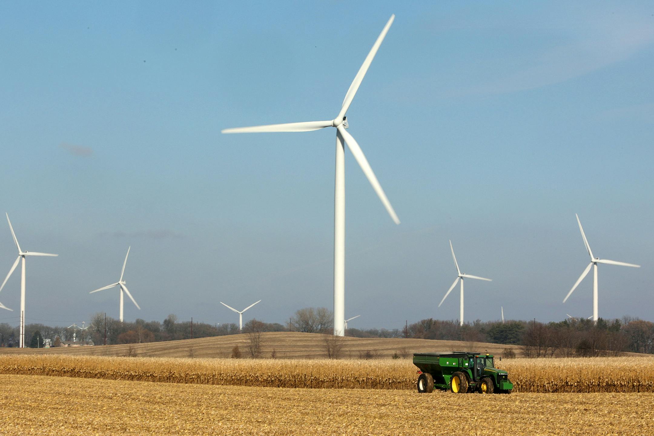 Concerns about large turbine farms like this one near Alden, Minn., have led to a contested case for the Freeborn Wind project.
