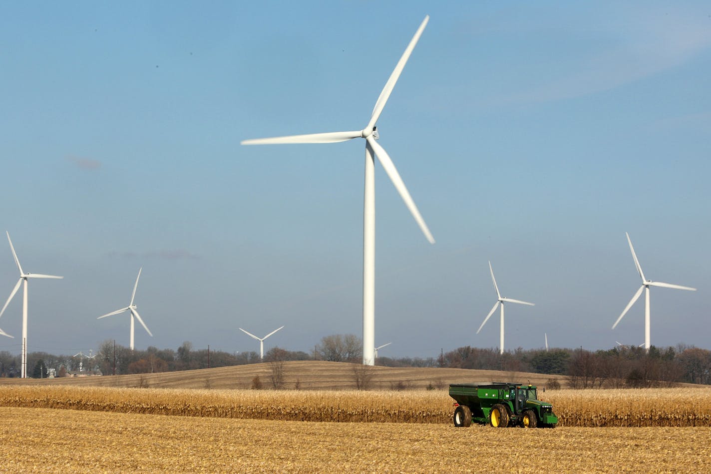 Concerns about large turbine farms like this one near Alden, Minn., have led to a contested case for the Freeborn Wind project.