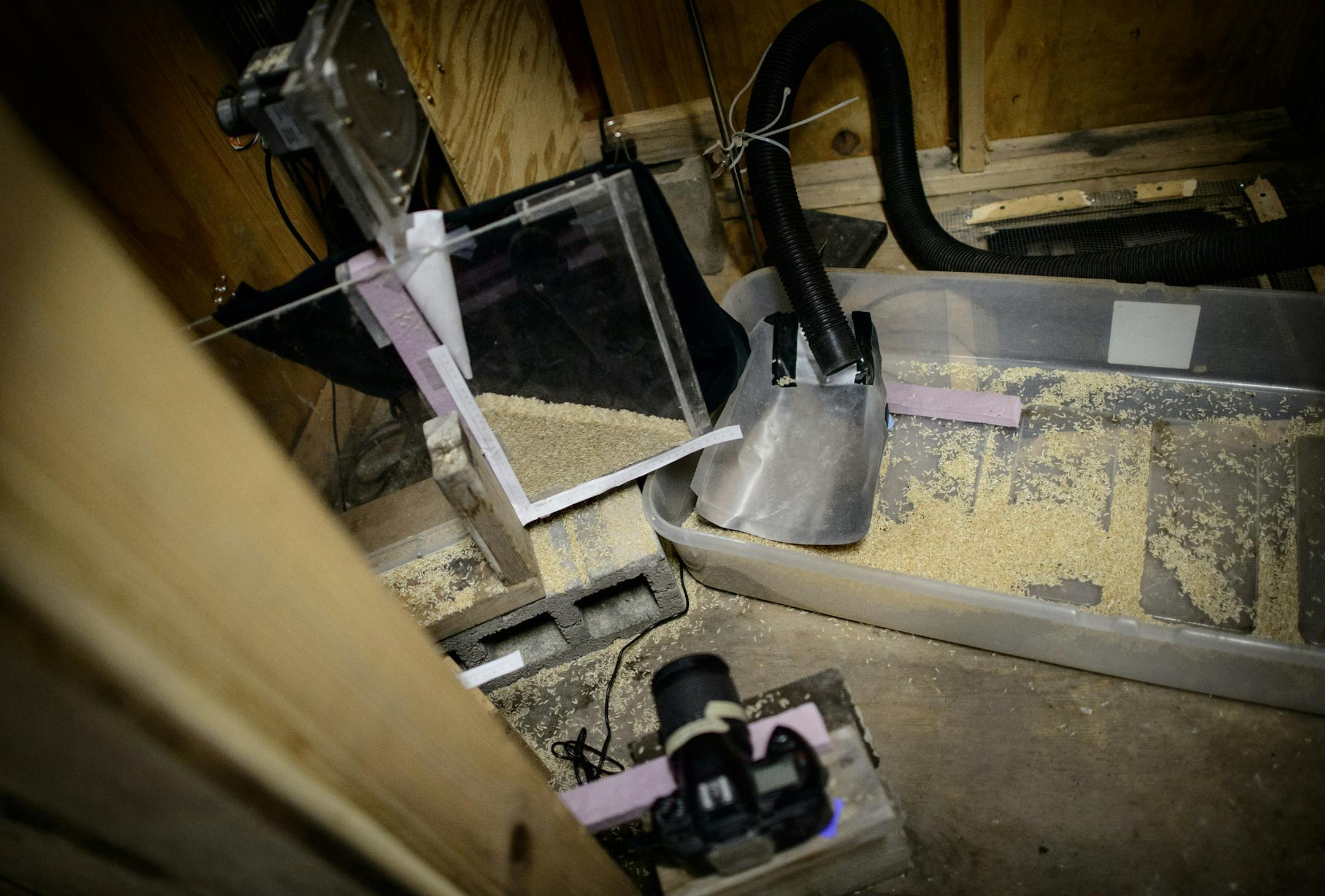 This experiment was built inexpensively by researcher Chris Ellis at the St. Anthony Falls Lab to drop individual grains of rice in a pile to study granular flow. It has been used by at least five grad students ] GLEN STUBBE * gstubbe@startribune.com Friday, March 14, 2014. The St. Anthony Falls Lab has built and repaired a lot of their own lab equipment and tech for other labs, and a researcher there, Chris Ellis, believes you don't need a lot of money or fancy tech to do good research.