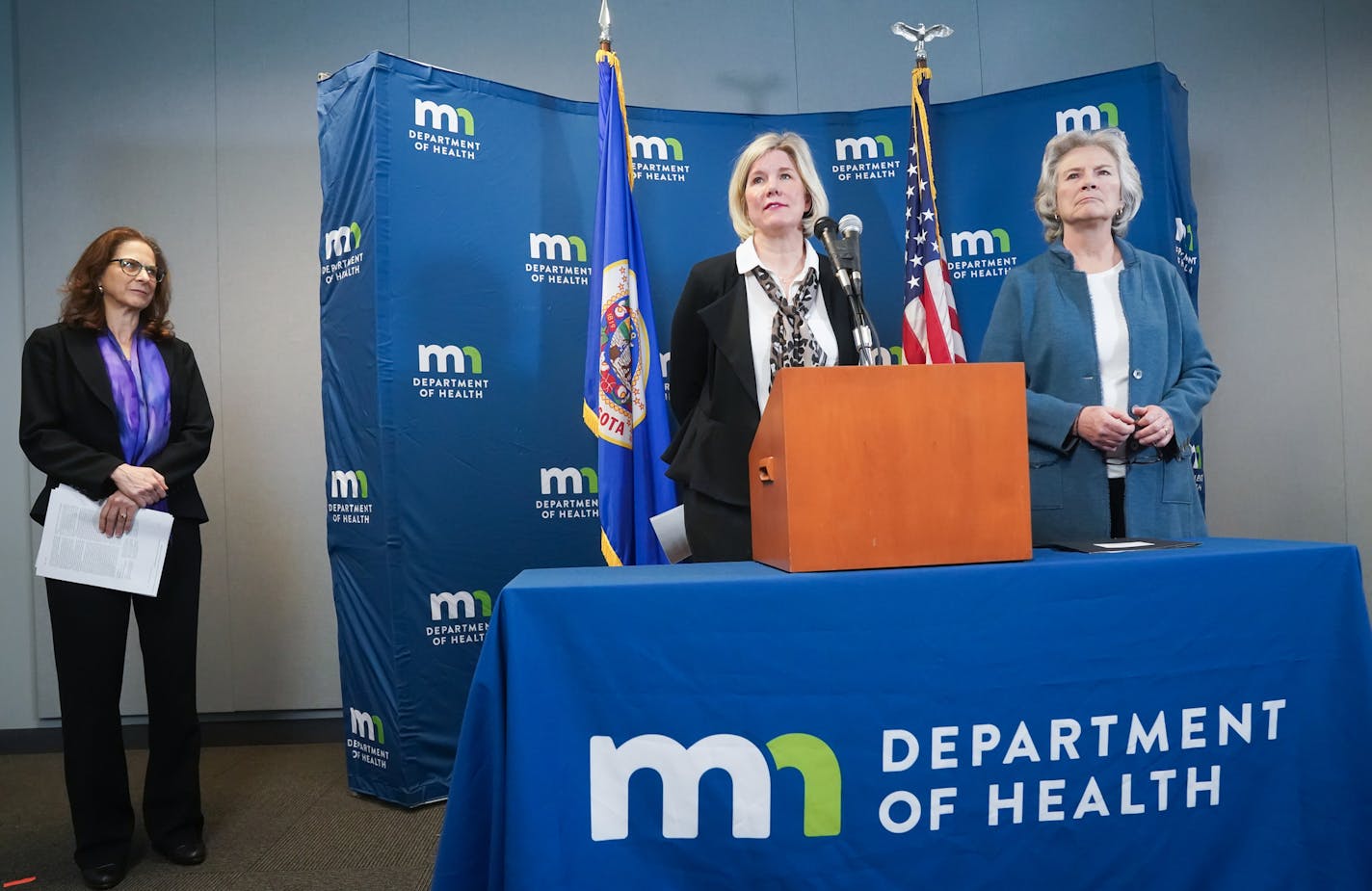 Minnesota Health Commissioner Jan Malcolm, right, along with State Epidemiologist Dr. Ruth Lynfield and Infectious Disease Director Kris Ehresmann held a briefing to outline how the state has been preparing for the 2019 coronavirus and how MDH and the public health community would respond if a case were to be identified in Minnesota. ] GLEN STUBBE &#x2022; glen.stubbe@startribune.com Friday, January 24, 2020 Minnesota Health Commissioner Jan Malcolm along with State Epidemiologist Dr. Ruth Lynfi