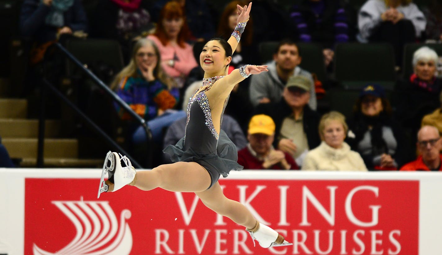 Mirai Nagasu performed in the Championship Ladies Short Program Thursday night. She is currently in first place with a score of 59.64 at the end of the first group. ] (AARON LAVINSKY/STAR TRIBUNE) aaron.lavinsky@startribune.com The Championship Ladies Short Program of the 2016 Prudential U.S. Figure Skating Championships was held at Xcel Energy Center on Thursday, Jan. 21, 2016 in St. Paul, Minn.