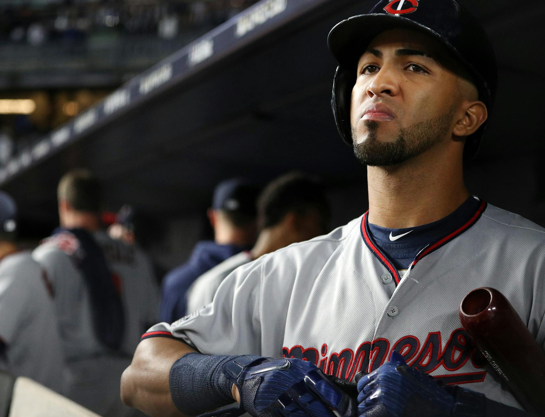 Minnesota Twins left fielder Eddie Rosario (20) looked to the scoreboard from the dugout after losing to the New York Yankees. ] ANTHONY SOUFFLE ï anthony.souffle@startribune.com Game action from an American League Wild Card playoff game between the Minnesota Twins and the New York Yankees Tuesday, Oct. 3, 2017 at Yankee Stadium in New York.
