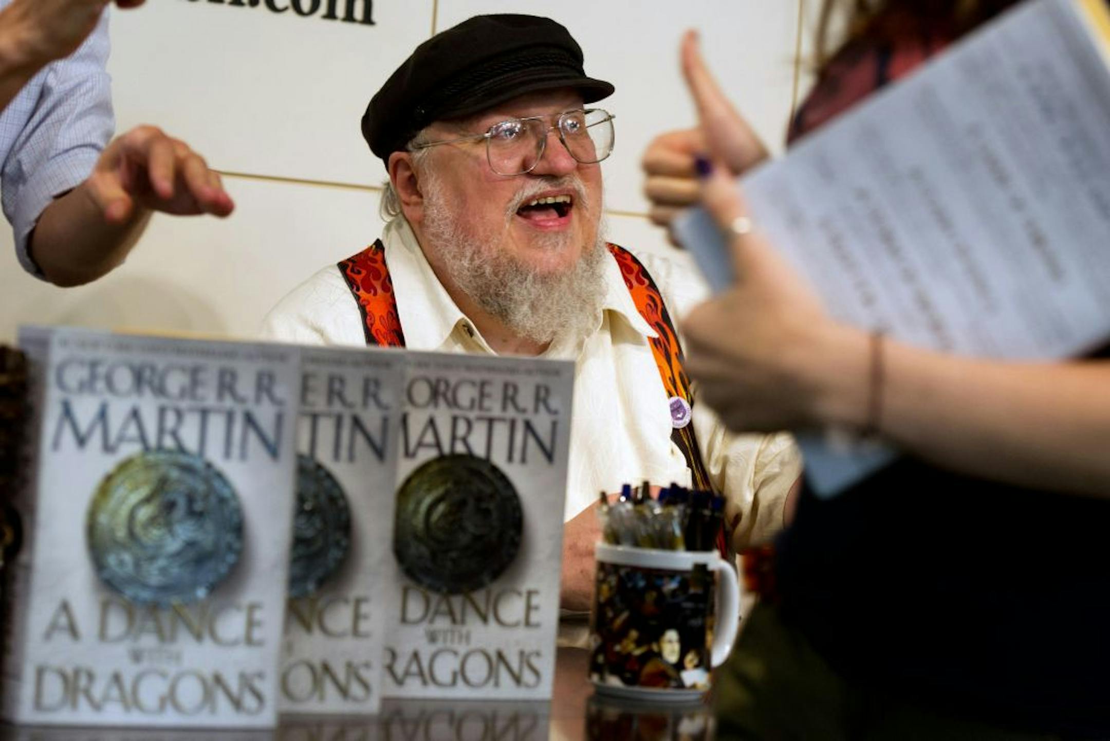 Author George R.R. Martin appears at a book signing for "A Dance with Dragons" at Barnes & Noble in New York, Thursday, July 14, 2011. HBO's "Game of Thrones," based on RR Martin's epic fantasy novels, was nominated for an Emmy for best drama series on Thursday.