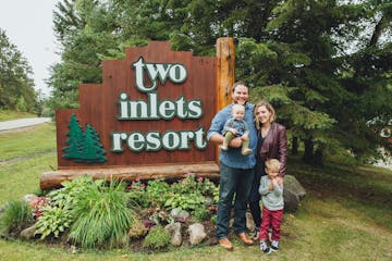 Two Inlets Resort owners James and Kayla Daigle, with their children Jameson and Hadley.