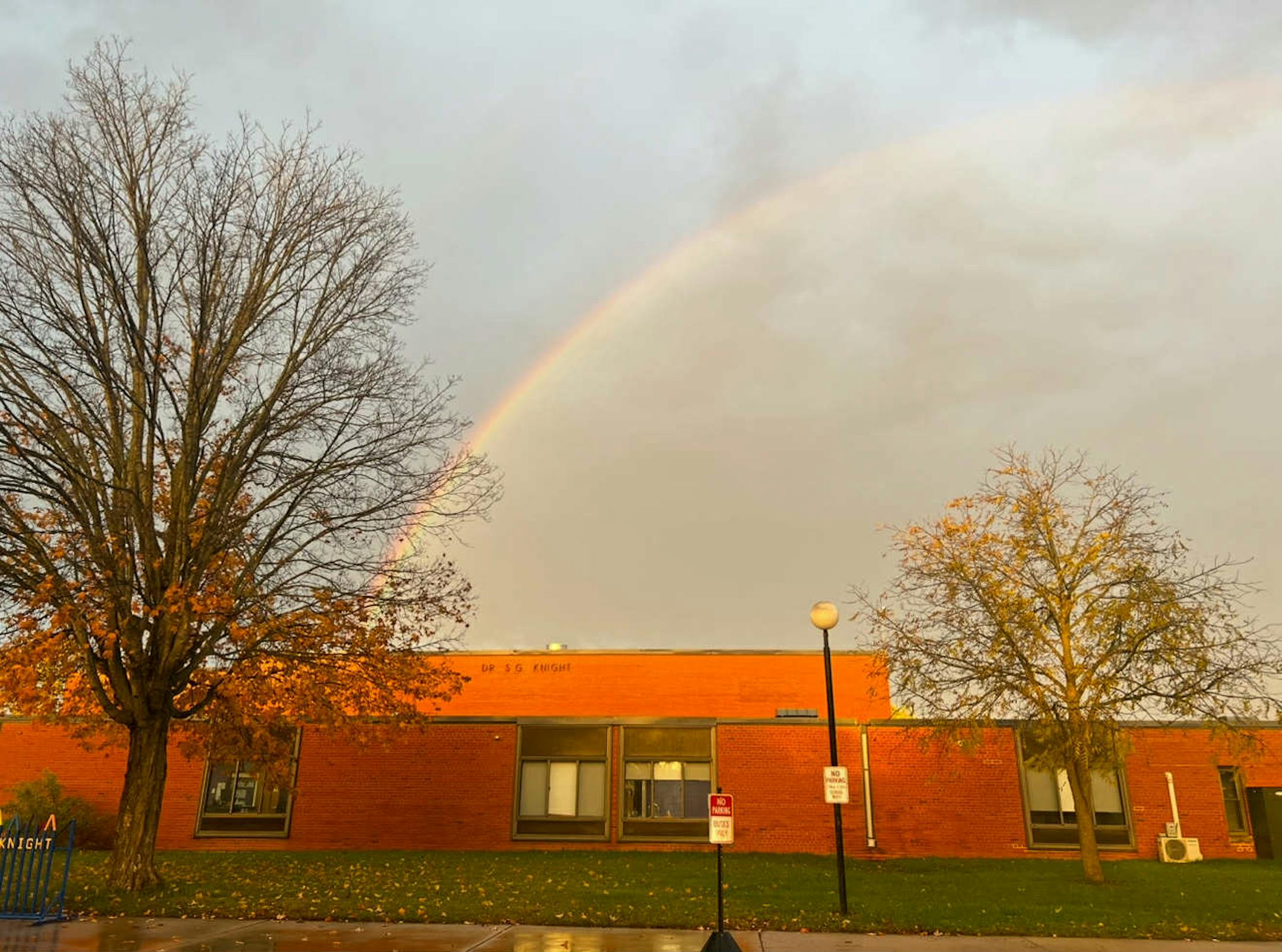 A rainbow over the former Dr. S.G. Knight Elementary School in Randall, Minn.