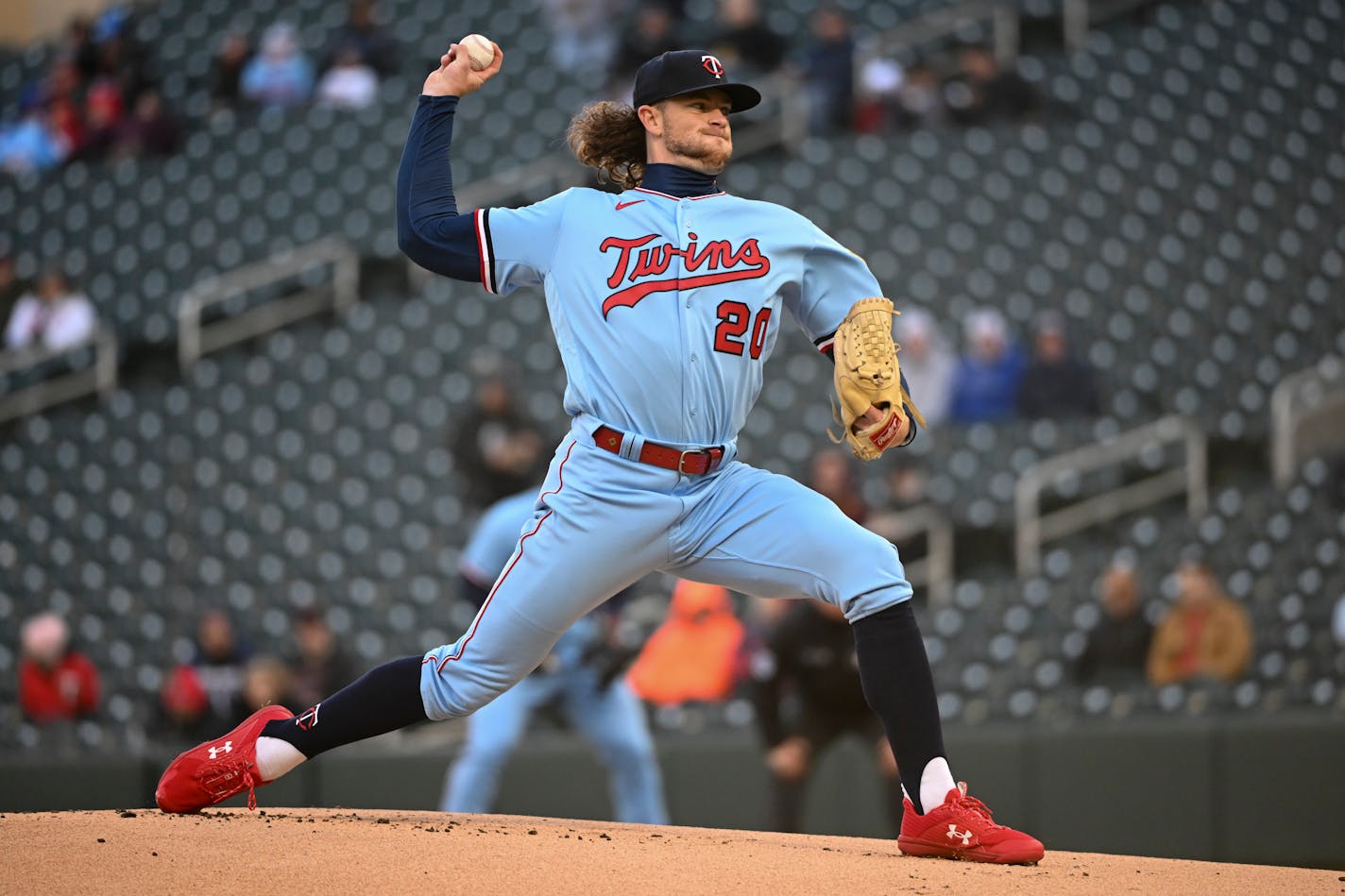 Minnesota Twins starting pitcher Chris Paddack (20) throws a pitch against the Detroit Tigers in the top of the first inning Tuesday, April 26, 2022 at Target Field in Minneapolis, Minn.. ] AARON LAVINSKY• Aaron.lavinsky@startribune.com