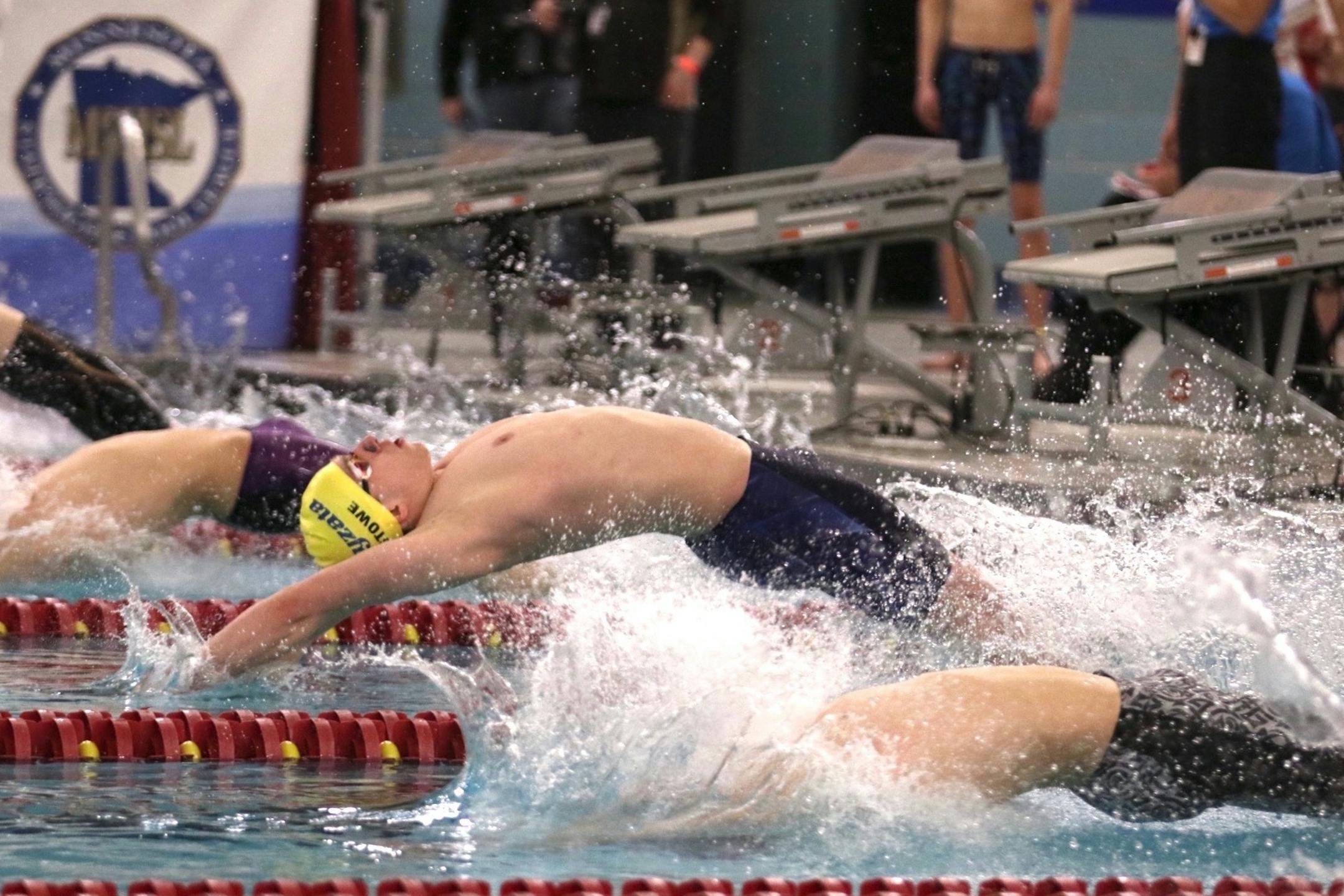 Casey Stowe of Wayzata starts his winning Boys 100 Yard Backstroke qualifier at the 2020 MSHSL Boys AA Swim and Dive Championships on Friday, Feb.28, 2020. ]. ANDY KOSIER • andy.kosier@startribune.com